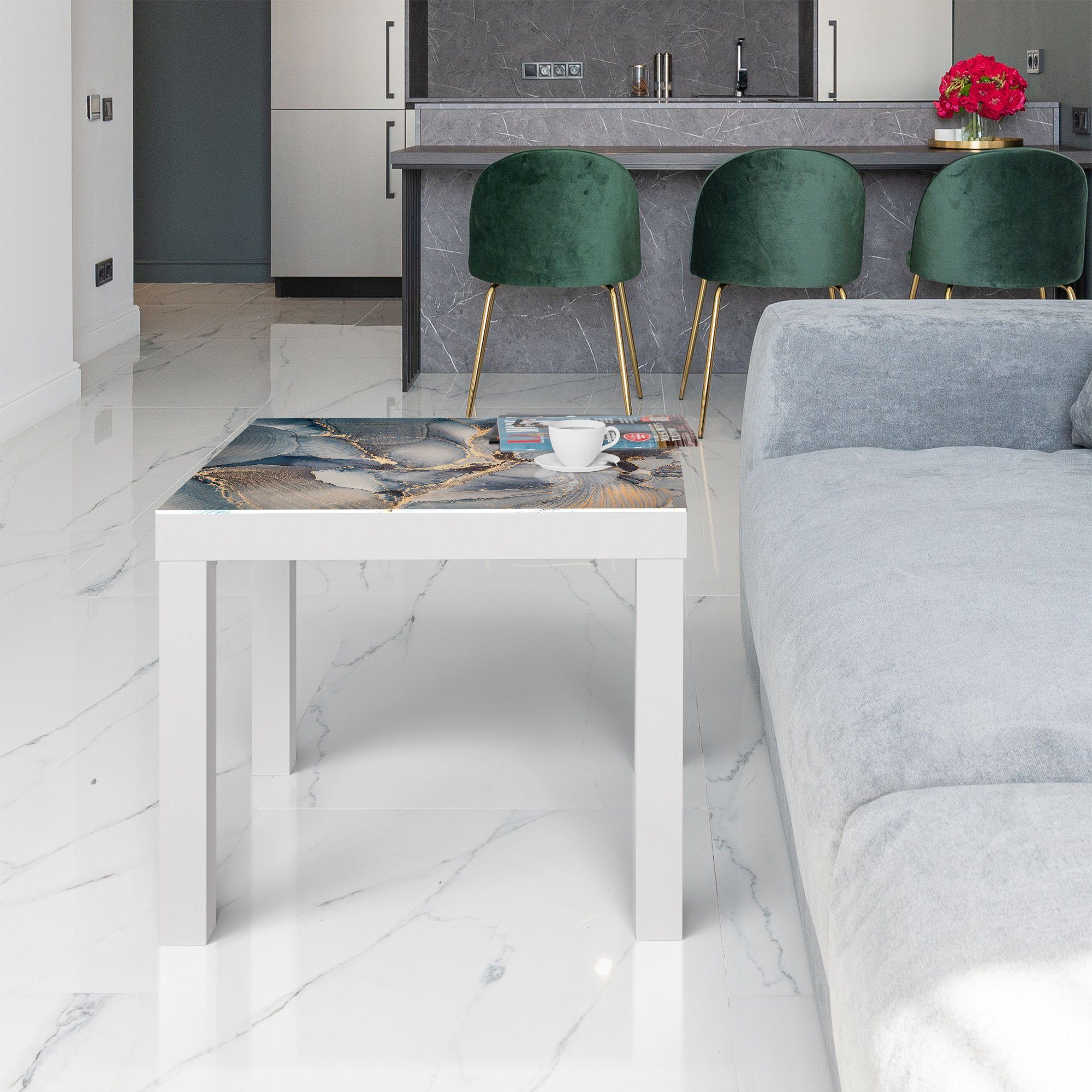 'Marmor-Farbspiel modern Glastisch mit Weiß Couchtisch DEQORI Glas Gold', Beistelltisch