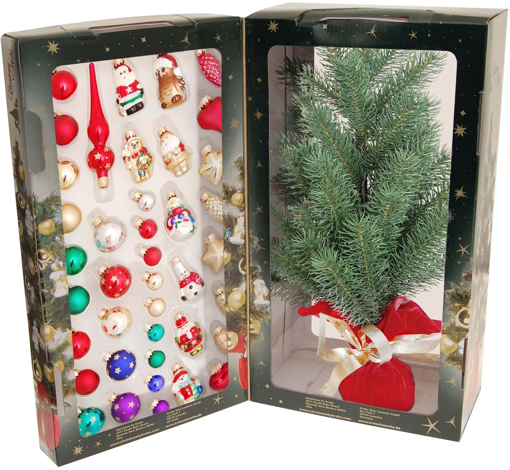 Krebs Glas Lauscha Künstlicher Weihnachtsbaum Mini Weihnachtsbaum 45 cm - mit Kugeln, Figuren und Spitze, Edeltanne, Weihnachtsbaumschmuck inkl. Kugelaufhänger