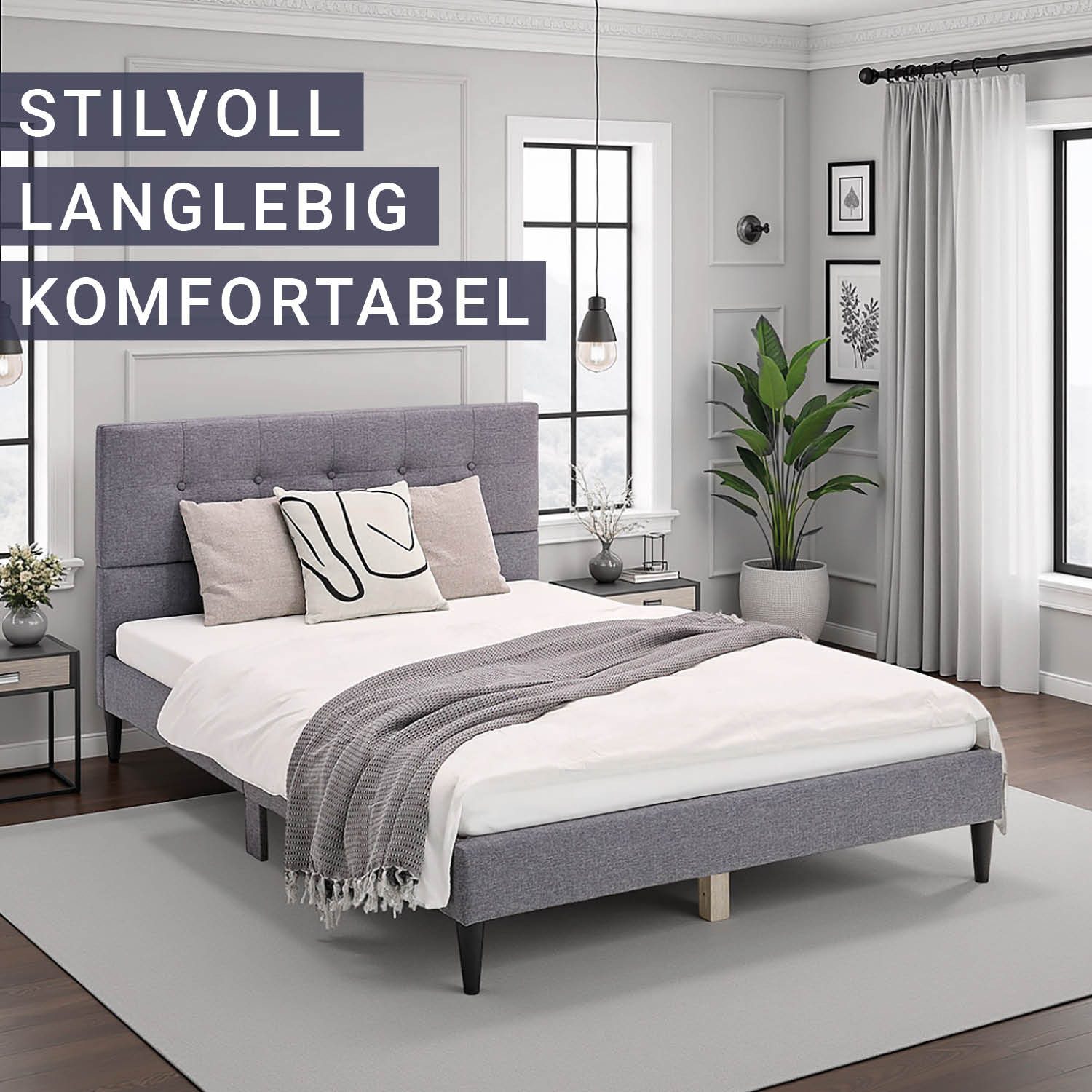 Homestyle4u Polsterbett 140x200 160x200 180x200 mit Lattenrost Doppelbett mit Polsterkopfteil (Set, Grau mit Lattenrost), hohes Kopfteil, Holzfüße, Stauraum unter dem Bett
