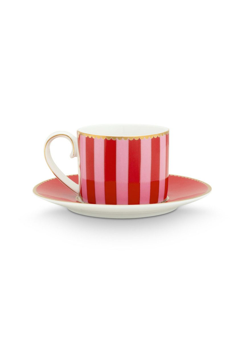 PiP Studio Espressotasse Love Birds Stripes Espressotasse m.U. rot/pink 125ml, Porcelain, Espresso Cup & Saucer Love Birds Stripes Red-Pink 125ml