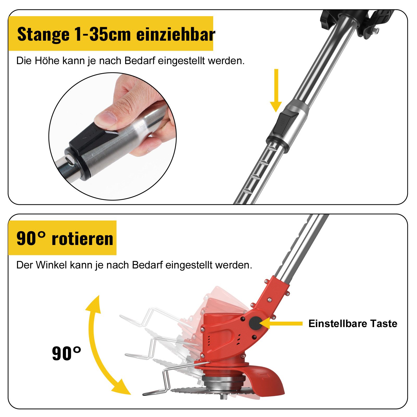 CONENTOOL Akku-Rasentrimmer 2x 2000mAh Akkus 21V, Rädern, 15 cm Arbeitsbreite Messer, (mit Akku und Ladegeät), 4 Arten Klingen, Teleskop-Stiel – Bild 4 von 5