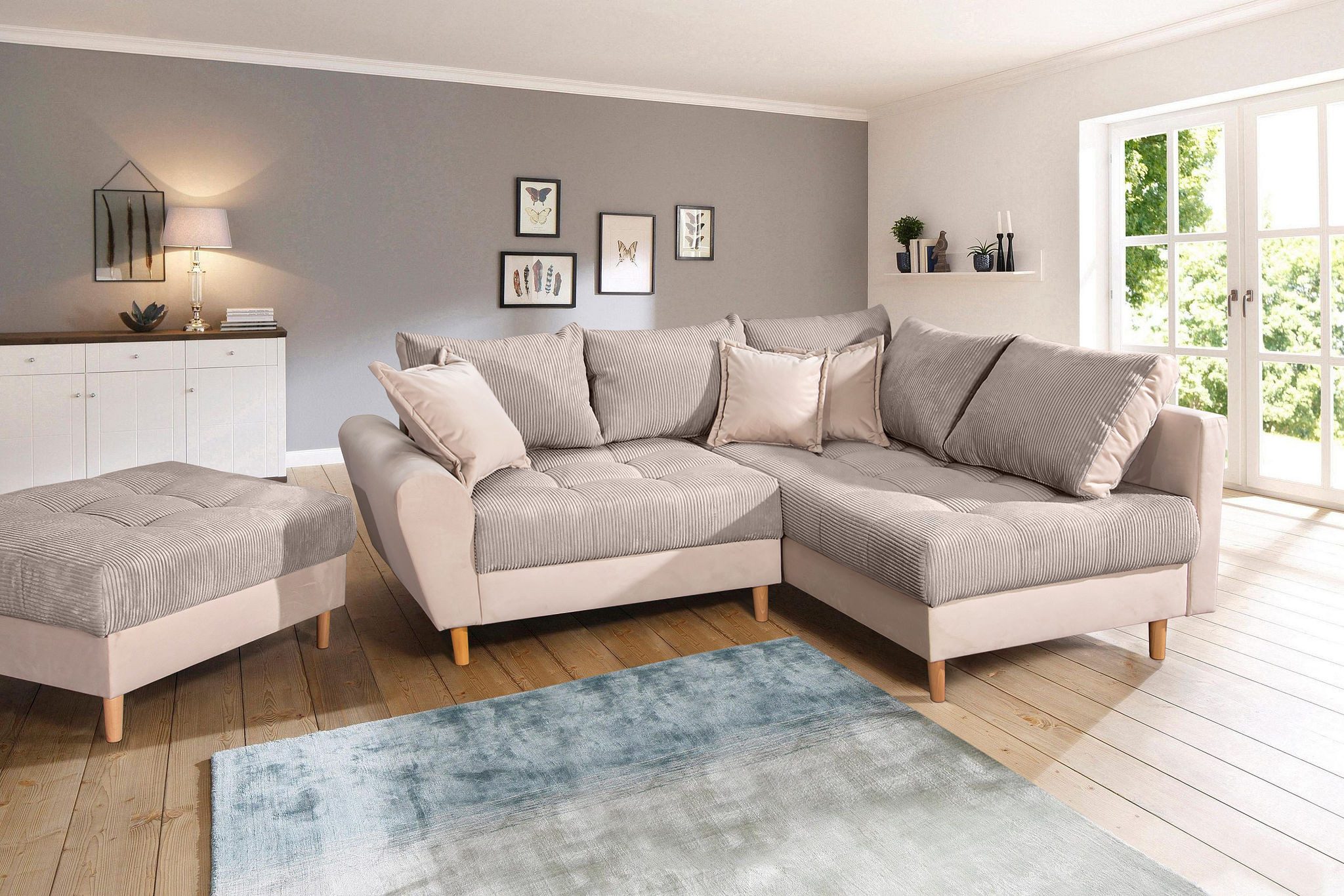 Home affaire Ecksofa Rice L-Form, B: 223 cm - OTTO. Verlässliche Qualität., Set: Sofa & Hocker, 3 Zierkissen, Federkern