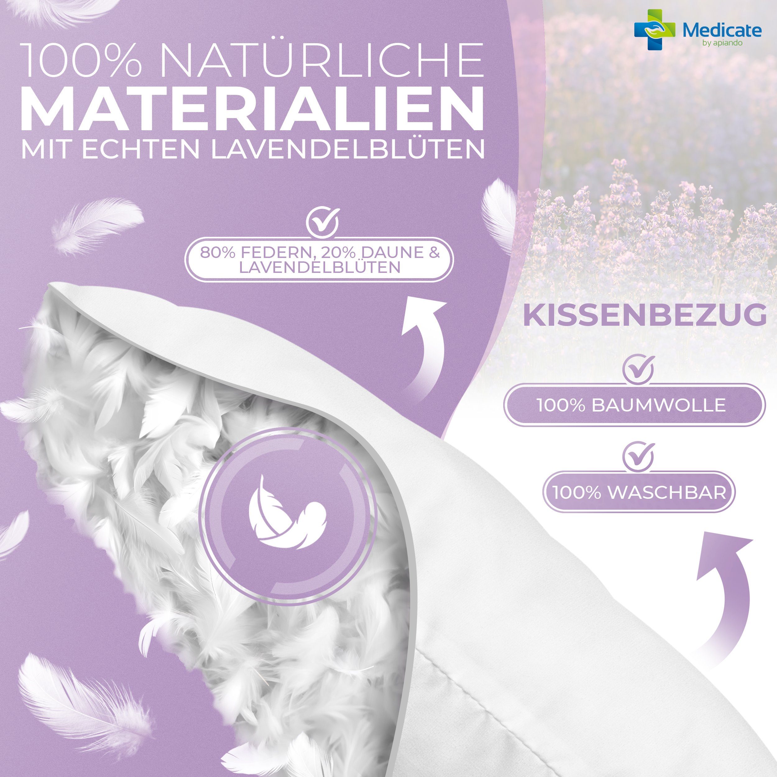 Medicate Lavendelkissen Medicate Lavendel Kopfkissen 80x80 cm, 1-tlg., Mit Lavendelblüten, Waschbar, Allergikergeeignet