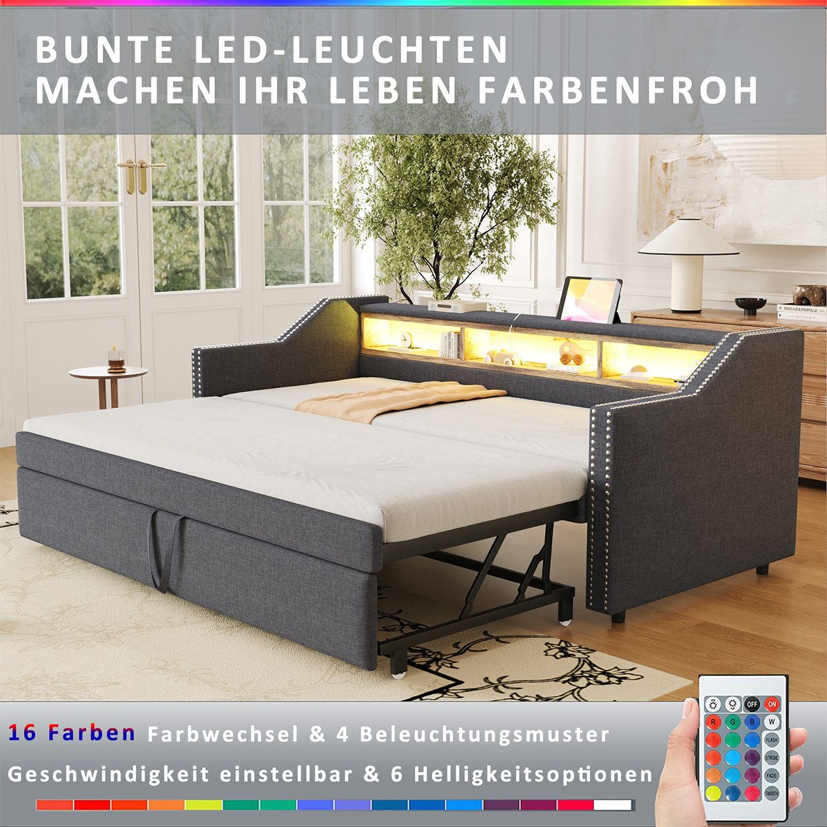 XDeer Schlafsofa Schlafsofa mit Lattenrost LED-Licht und USB-Buchse, Multifunktionales Ausziehbares Polsterbett 90/180 x 190 cm