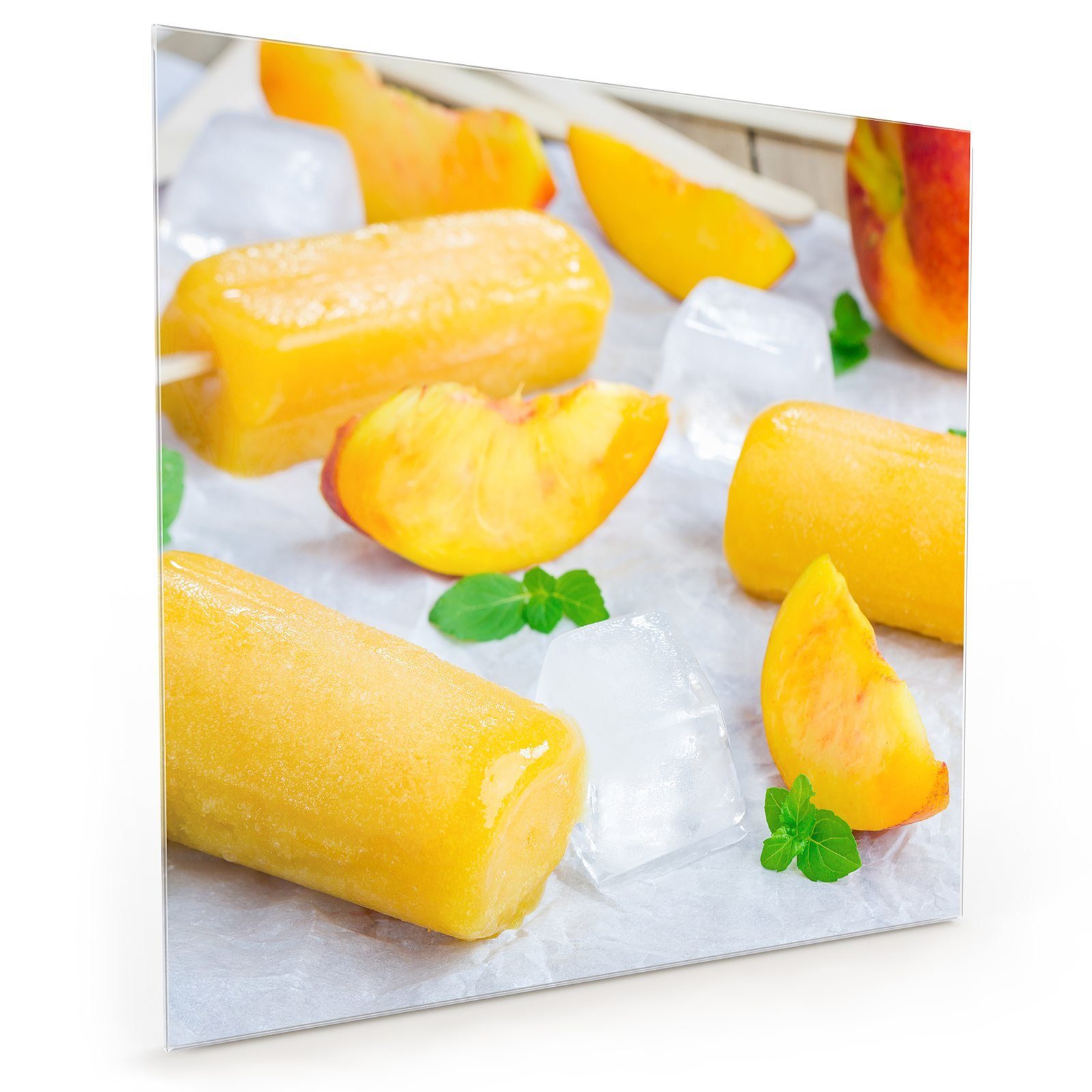 Primedeco Küchenrückwand Küchenrückwand Spritzschutz Pfirsich mit Motiv Eis Glas