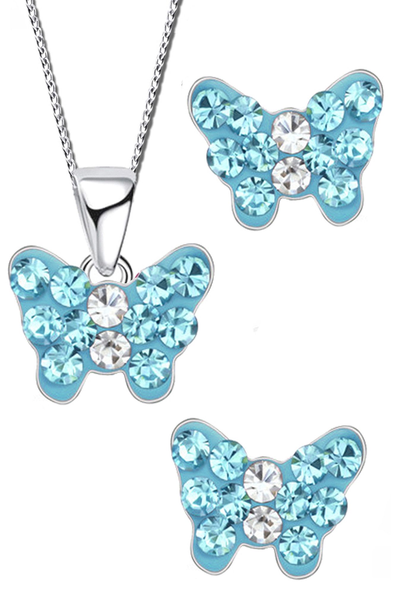 Limana Schmuckset Mini Kinder Mädchen 925 Silber Ohrringe mit Kette Schmetterling, Echtschmuck Kinderschmuck Ohrstecker mit Halskette