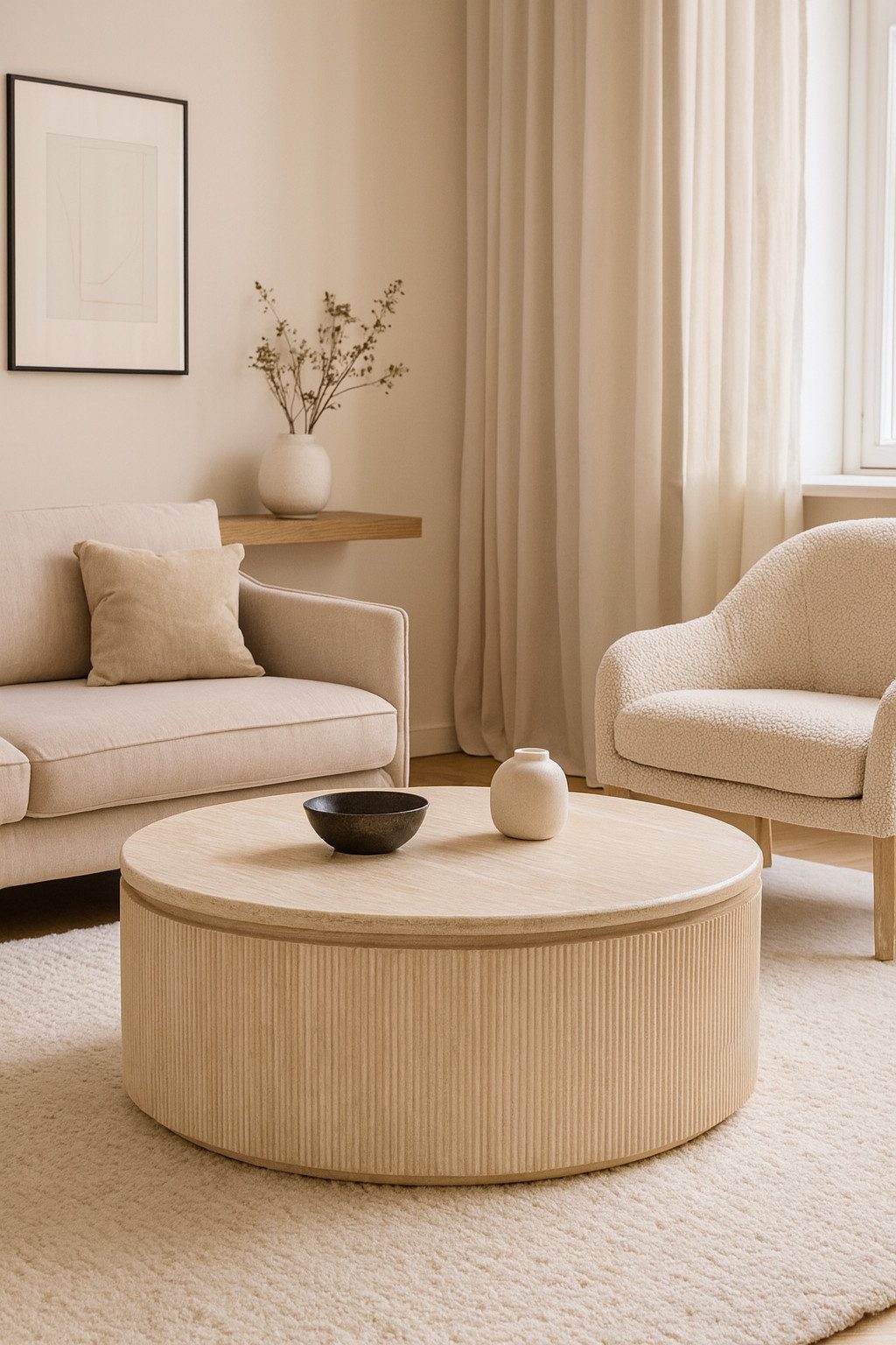 alesvelt Couchtisch Lunado Travertin Tischplatte in edlem Säulenstil 100 cm (1-Stück), Ø100 cm 45cm Höhe