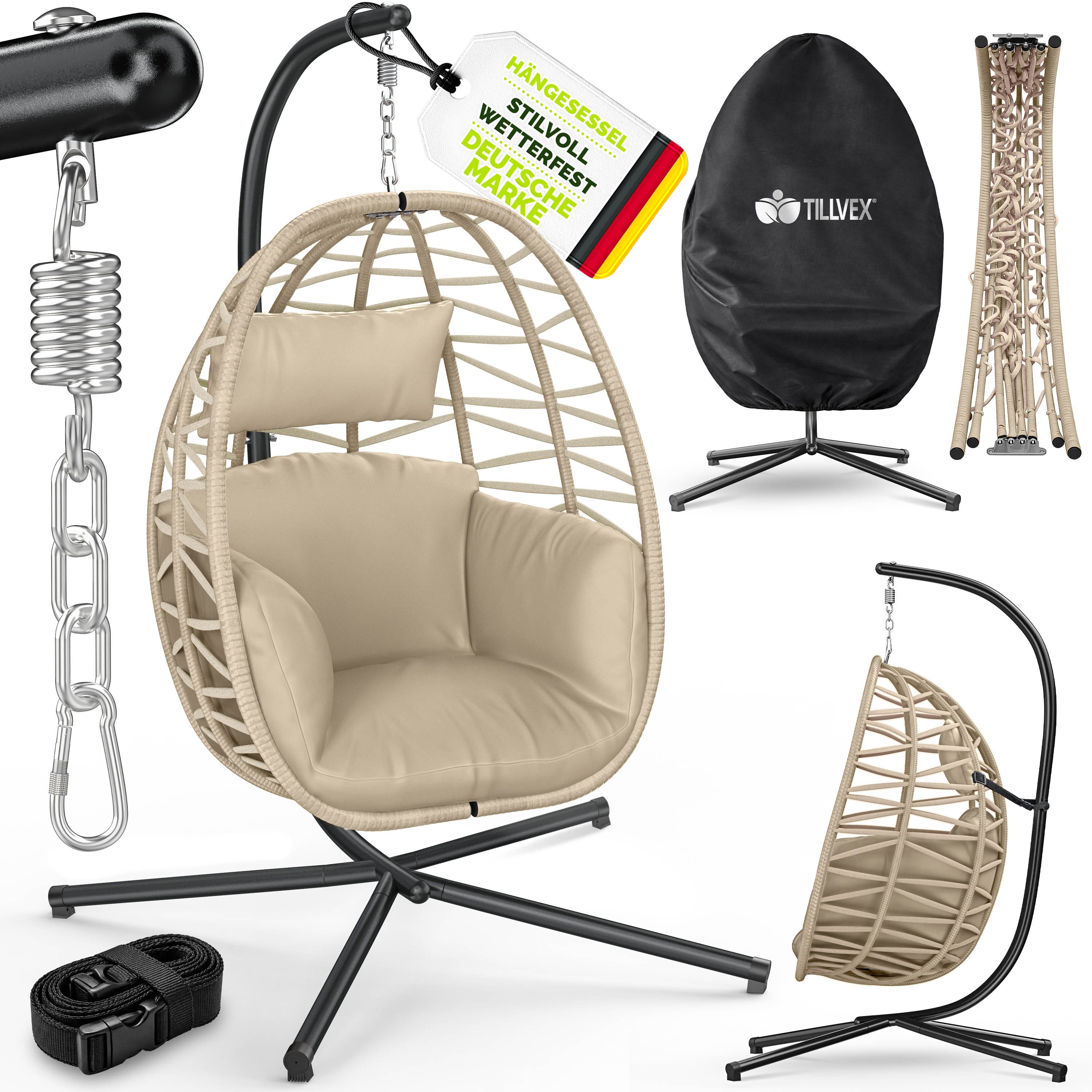 tillvex Hängesessel tillvex® Swivo Hängesessel mit Gestell inkl. wetterfester Abdeckung (Hängekorb klappbar bis 150 kg, Hängesitz aus Rattan, Hängestuhl für Indoor Garten Balkon Terrasse), mit Gestell Outdoor & wetterfester Abdeckung mit Befestigung