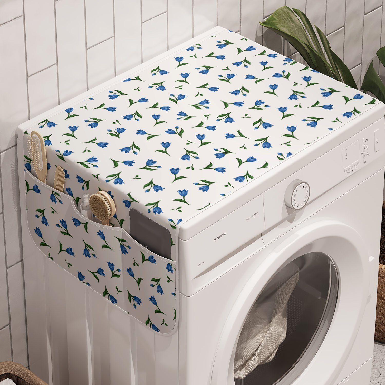Abakuhaus Badorganizer Anti-Rutsch-Stoffabdeckung für Waschmaschine und Trockner, Natürlich Blaue Blumen und Knospen Motiv
