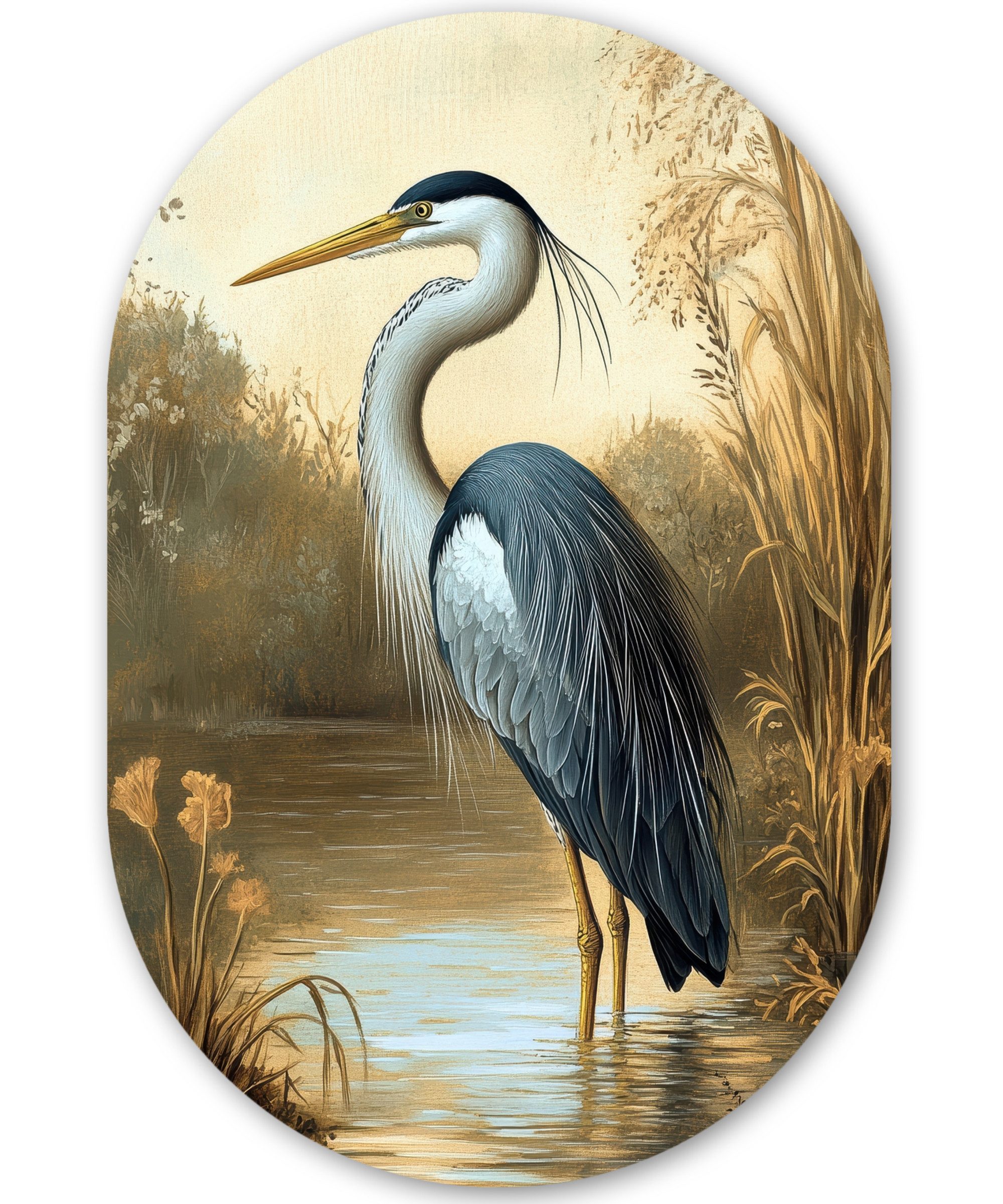MuchoWow Картина Reiher - Wasser - Pflanzen, Fotodruck (1 St), Wandbild Oval, Wohnzimmer oder Schlafzimmer Wanddekoration, 40x60 cm
