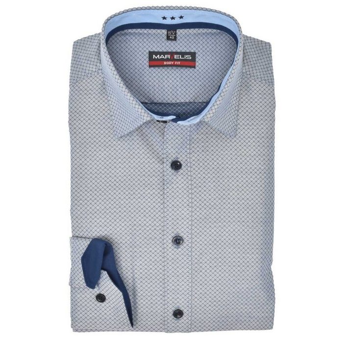 MARVELIS Businesshemd Businesshemd - Body Fit - Langarm - Muster - Blau mit Besatz & Kontrastknöpfen
