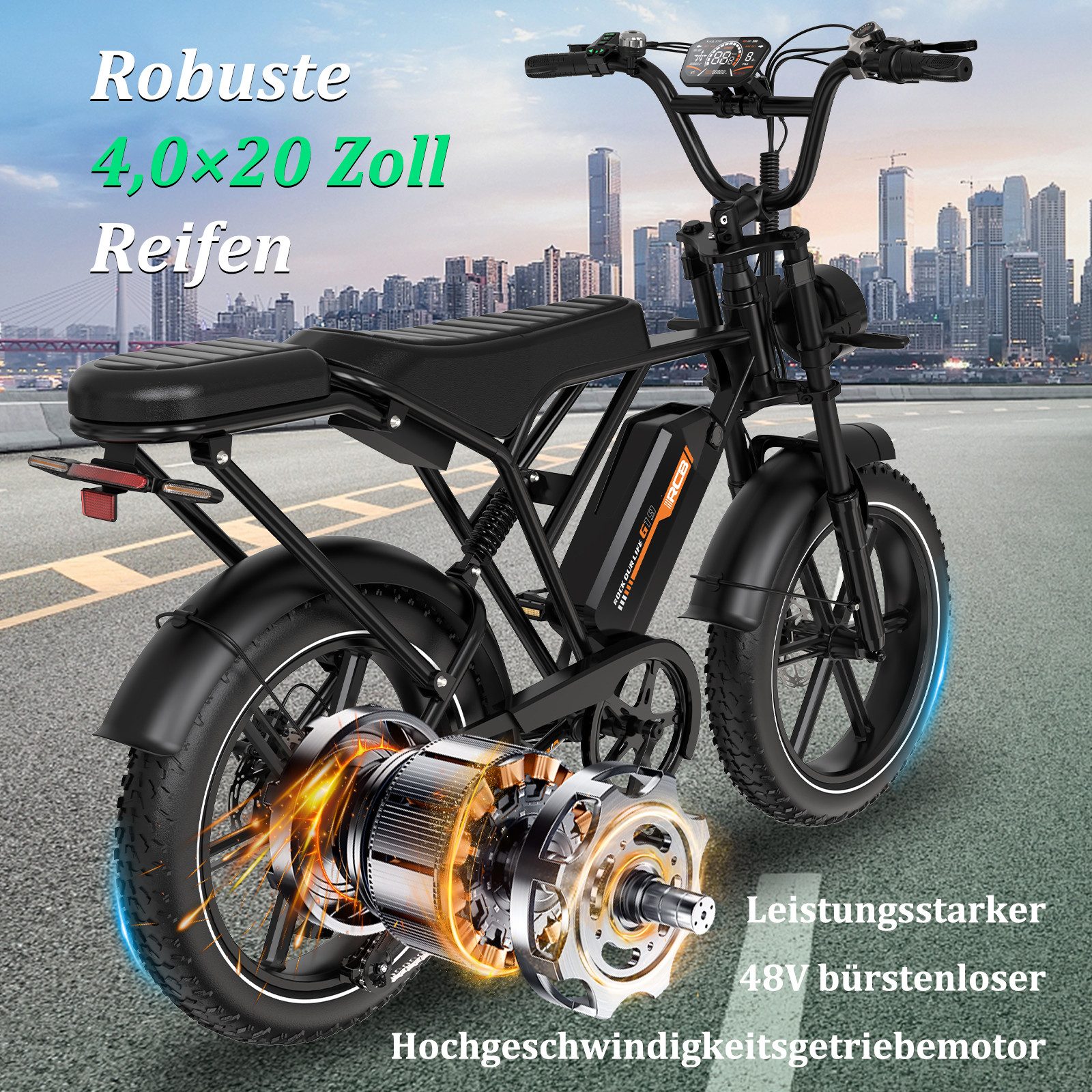 RCB E-Bike Pedelec G19, NFC&APP, 20.8Ah, 60–90 KM range, 20×4.0 inch electric bicycle, 7-speed, derailleur gears, 250W rear motor, 960 Wh