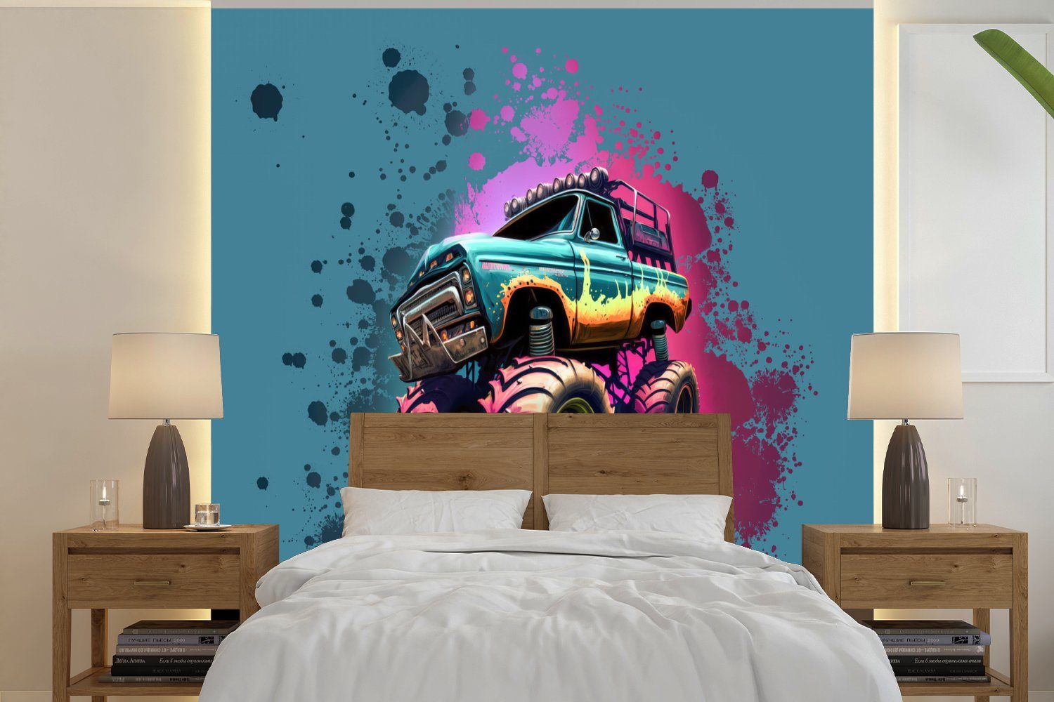 MuchoWow Fototapete Monstertruck - Farbe - Graffiti - Rosa - Neon, Matt, bedruckt, (4 St), Vliestapete für Wohnzimmer Schlafzimmer Küche, Fototapete