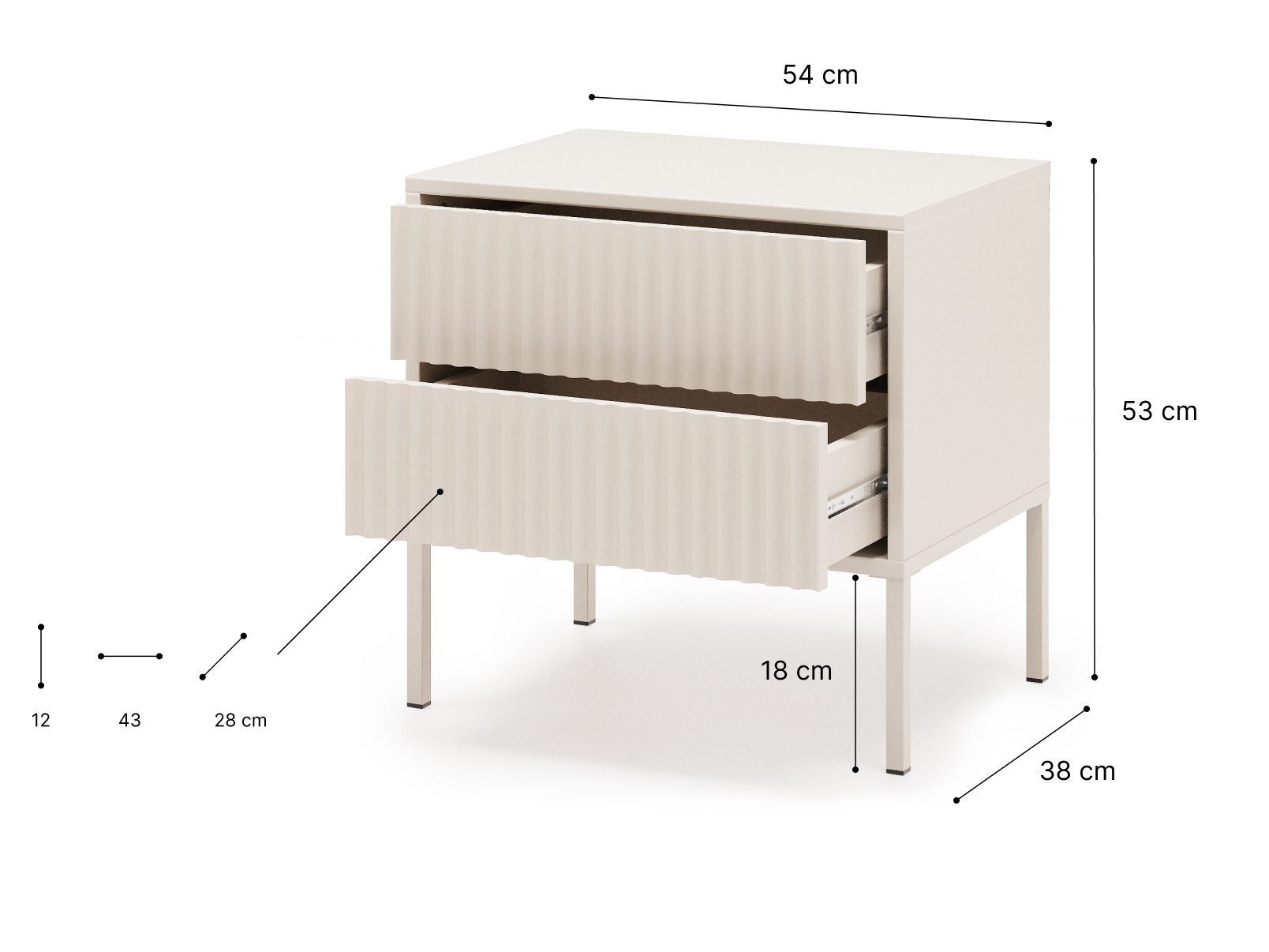 Beautysofa Nachttisch NOTO Cashmere 54 cm mit Rillenfronten (moderner Nachtkommode mit Metallfüßen, 2 Schubladen Push-to-Open), Breite: 54 cm – Bild 5 von 5