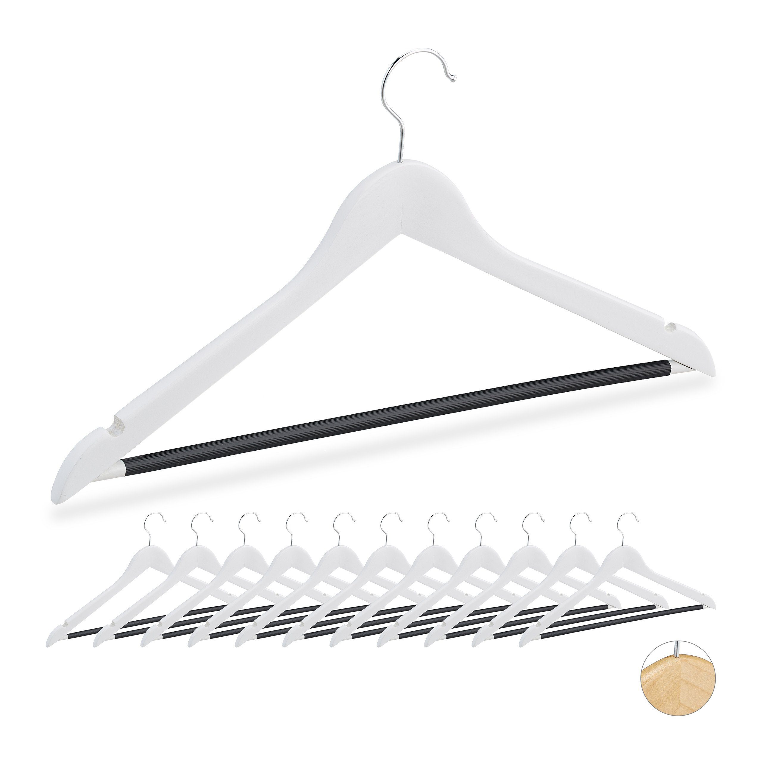 relaxdays Kleiderbügel Kleiderbügel aus Holz 12er Set, Weiß Weiß Schwarz Silber