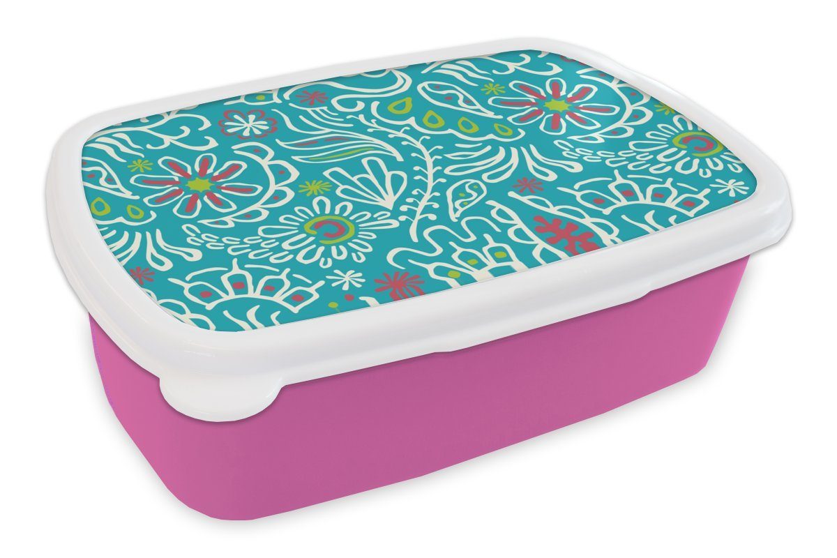 Brotdose MuchoWow Blumen Mädchen, Kunststoff Snackbox, - Kunststoff, Tropisch (2-tlg), Blätter rosa Lunchbox - Erwachsene, Brotbox für Design, Kinder, -