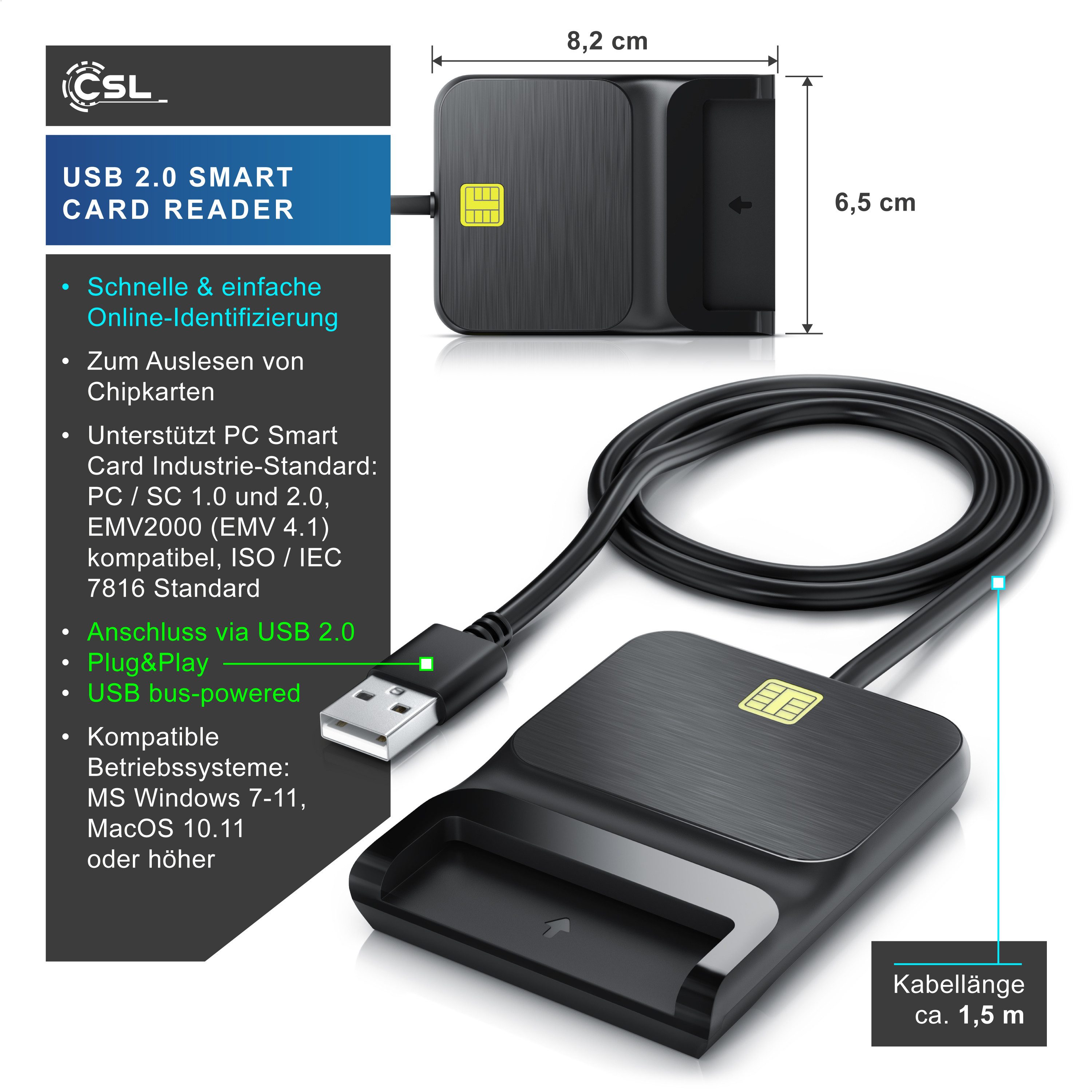 CSL Speicherkartenleser USB SmartCard Reader / Chipkartenleser, Sim Kartenleser, USB 2.0, Cardreader für SIM Cards, SD, MicroSD, für Mac OS X & Windows 7-11