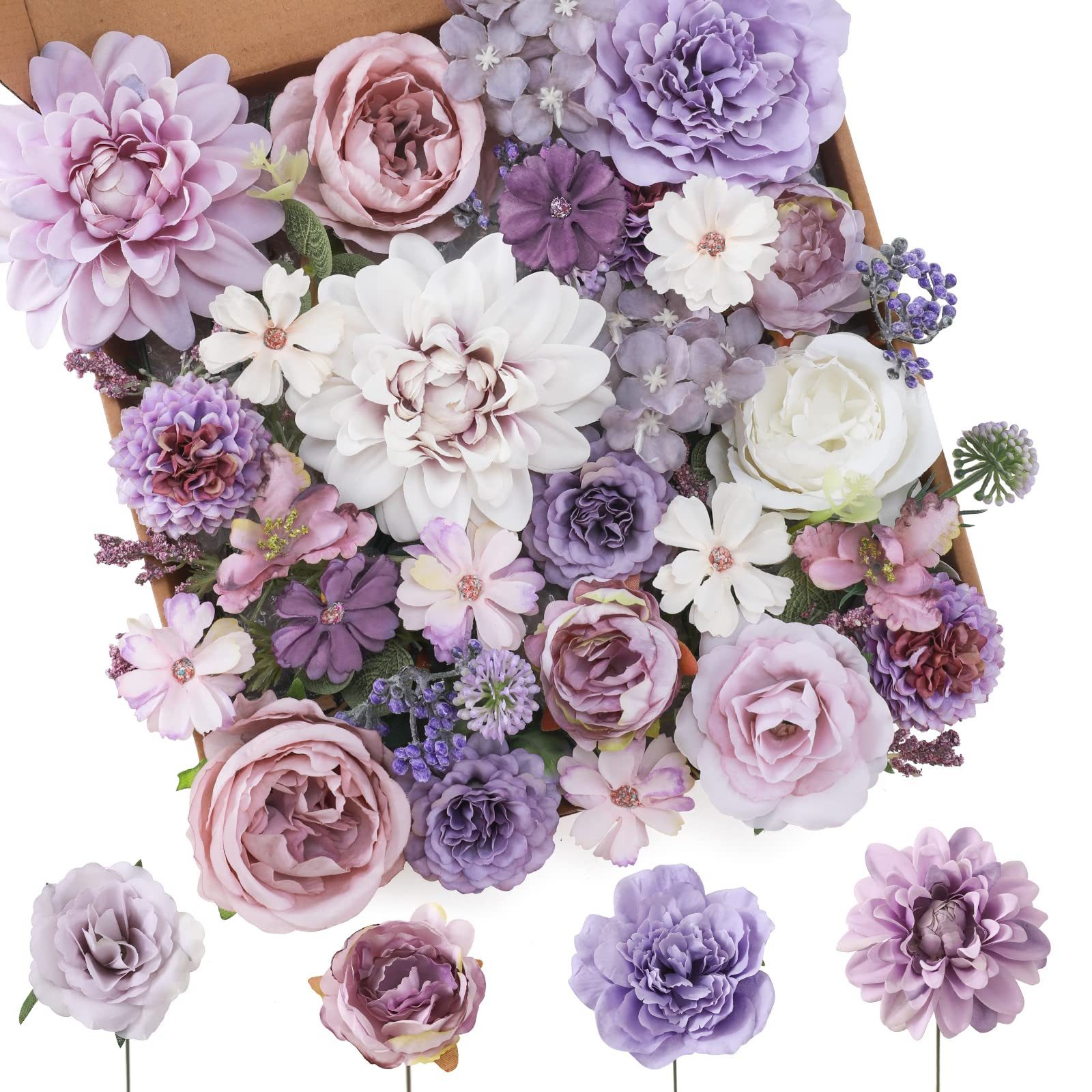 Kunstblume Künstliche Blumen Set, Seidenblumen Mix mit Dahlien & Rosen, Diwzbyn, Blumenstiele für DIY, Hochzeiten, Tischdeko & Wohndeko