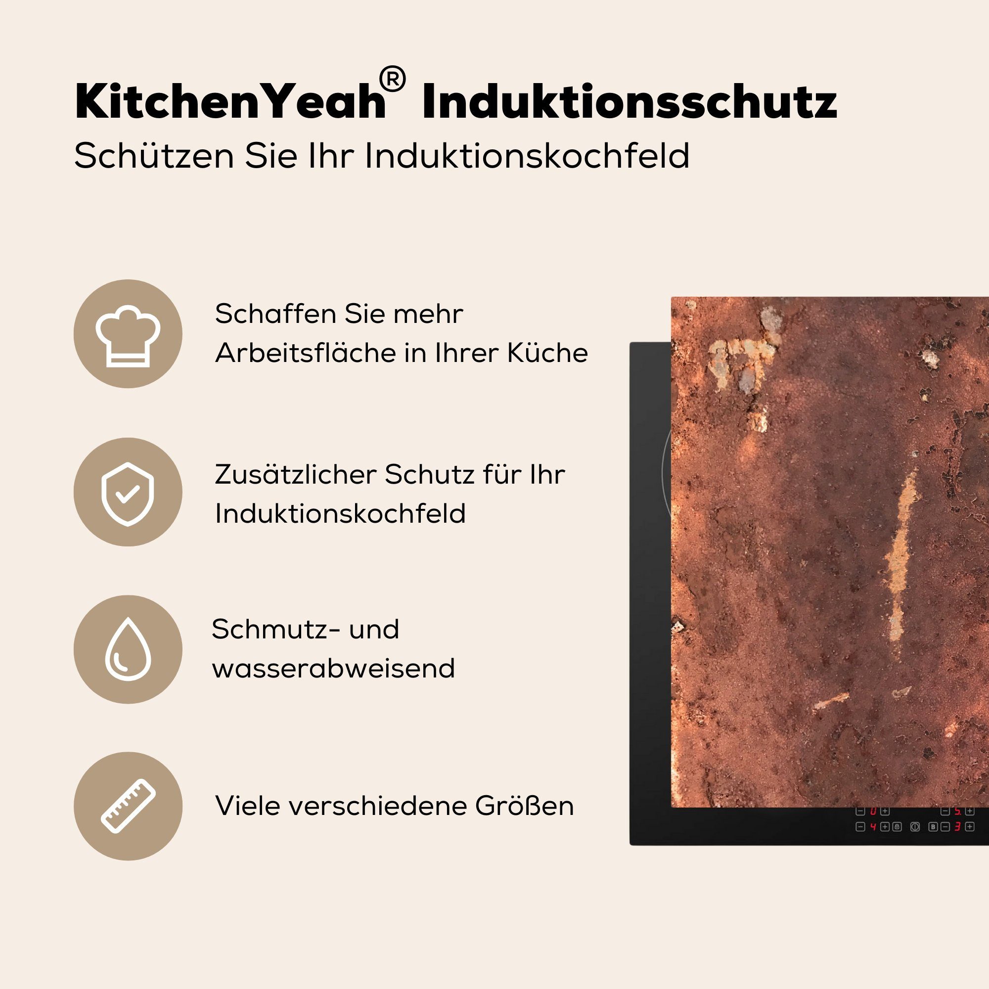 Vinyl, Herdblende-/Abdeckplatte 81x52 MuchoWow tlg), - - Rost Induktionskochfeld Ceranfeldabdeckung küche, cm, die Metall, für Rost (1 Schutz