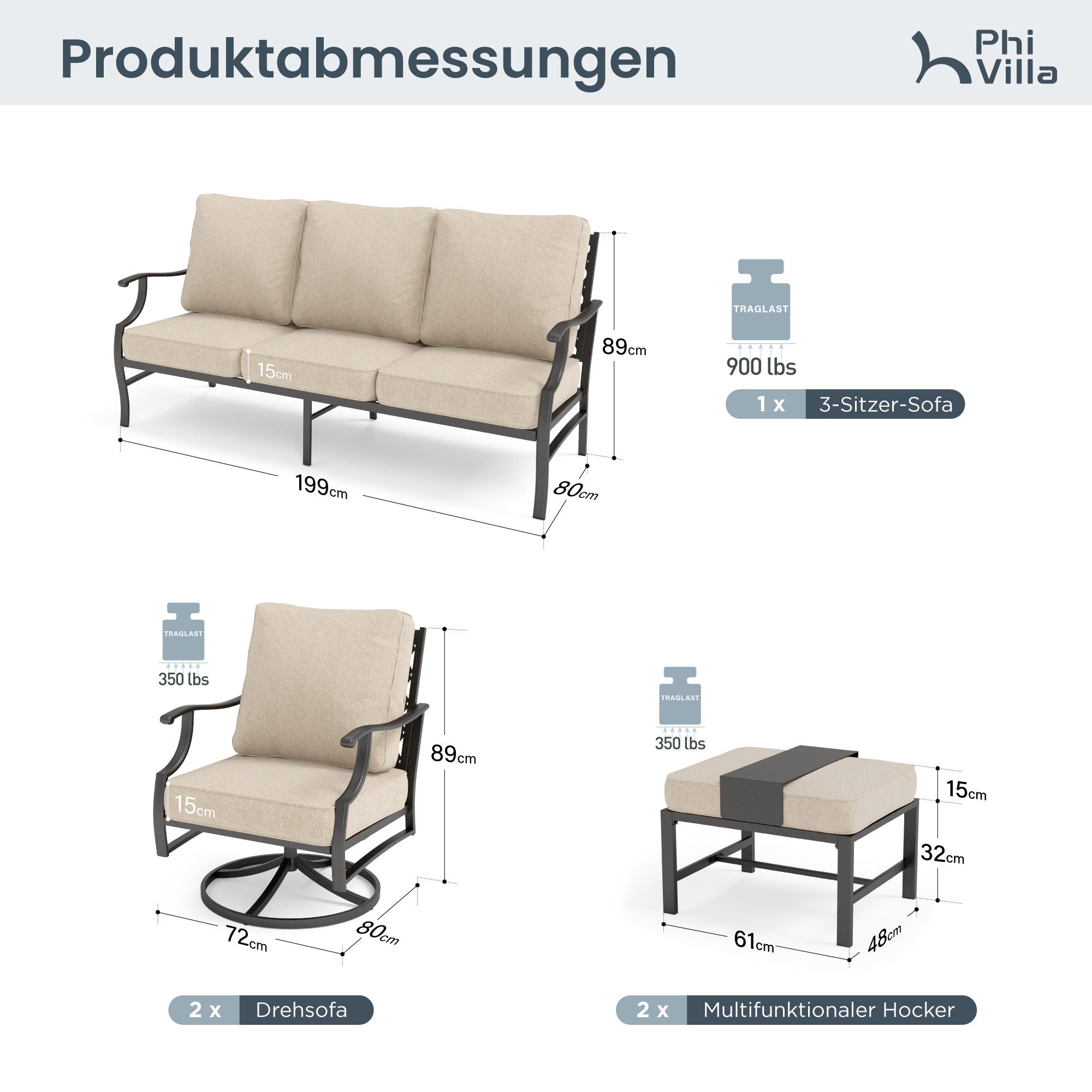 PHI VILLA Gartenlounge-Set, (Balkonmöbel Outdoor Ecksofa, Gartenmöbelsets 7-Sitzer, 5-teiliges Metall Lounge Möbel Outdoor), E-Beschichtung Geschmiedeter Rahmen & Dicke Kissen, Beige