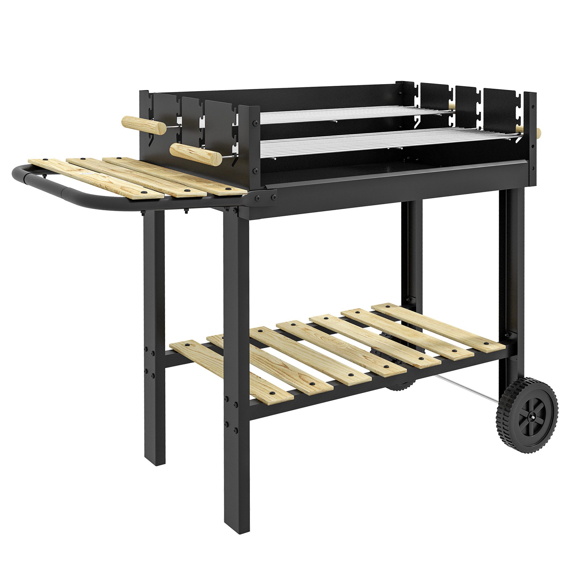 MC Star Holzkohlegrill Höhenverstellbarer Holzkohlegrill mit 2 Grillrosten und 2 Ablagen, aus Metall und Holz, 113 x 53,5 x 82,5 cm, Schwarz