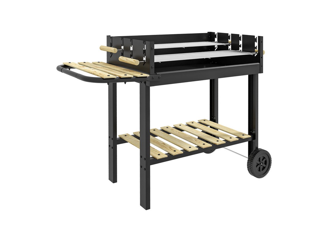 MC Star Holzkohlegrill Höhenverstellbarer Holzkohlegrill mit 2 Grillrosten und 2 Ablagen, aus Metall und Holz, 113 x 53,5 x 82,5 cm, Schwarz