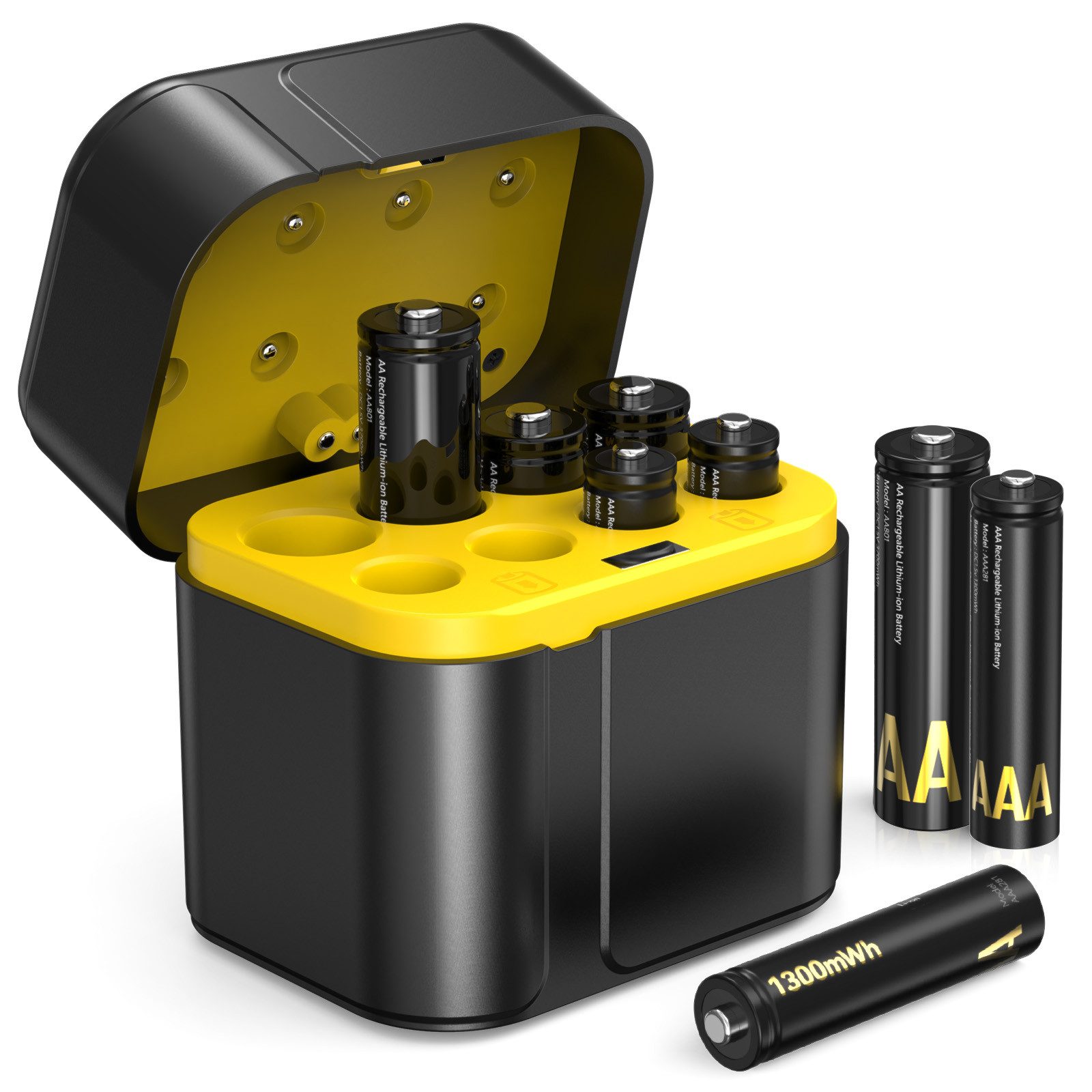 Comfy Mate Wiederaufladbare AA & AAA Lithium Akkus Batterie, 8er Set mit Ladegerät & Aufbewahrungsbox