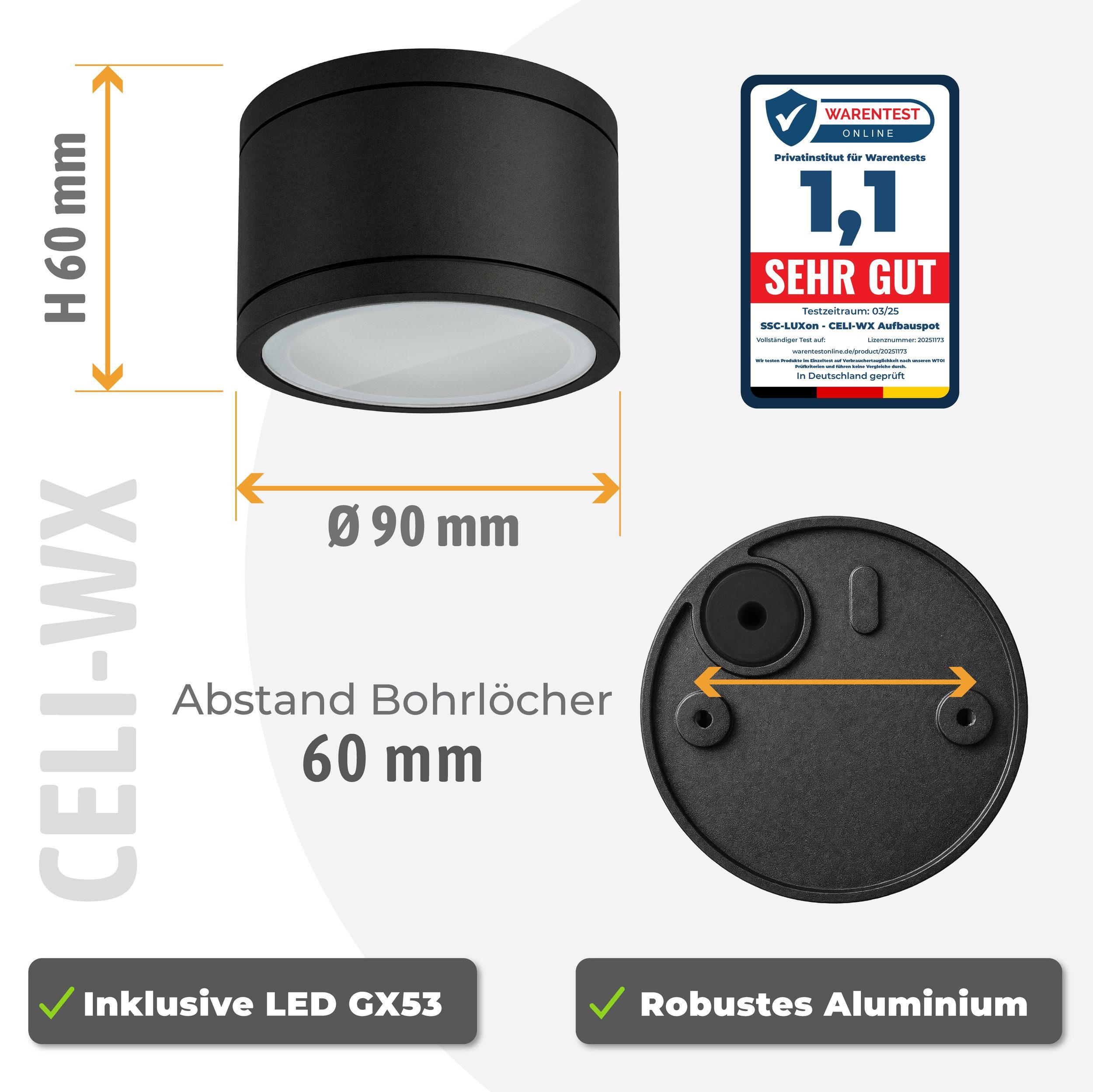 SSC-LUXon LED Außen-Deckenleuchte CELI-WX LED Aufbauspot schwarz IP44 flach 3 Lichtfarben 230V Spot, Neutralweiß, Warmweiß, Tageslichtweiß