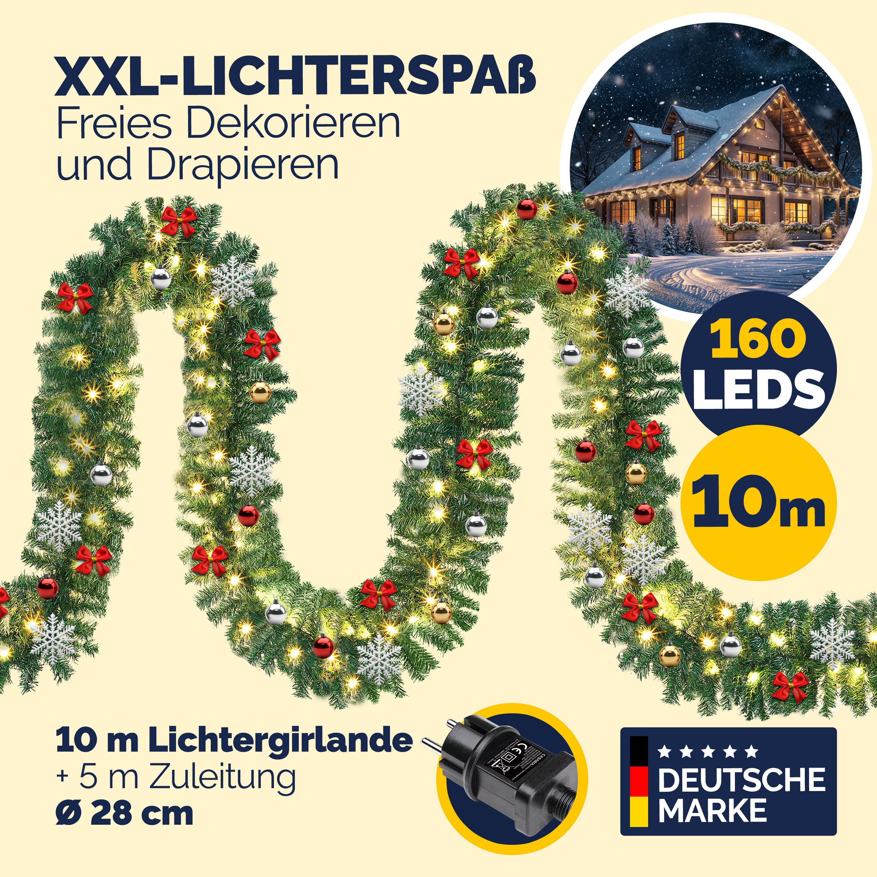 Kunstgirlande, Casaria, Höhe 28 cm, Weihnachtsgirlande geschmückt 10m 160 L günstig online kaufen