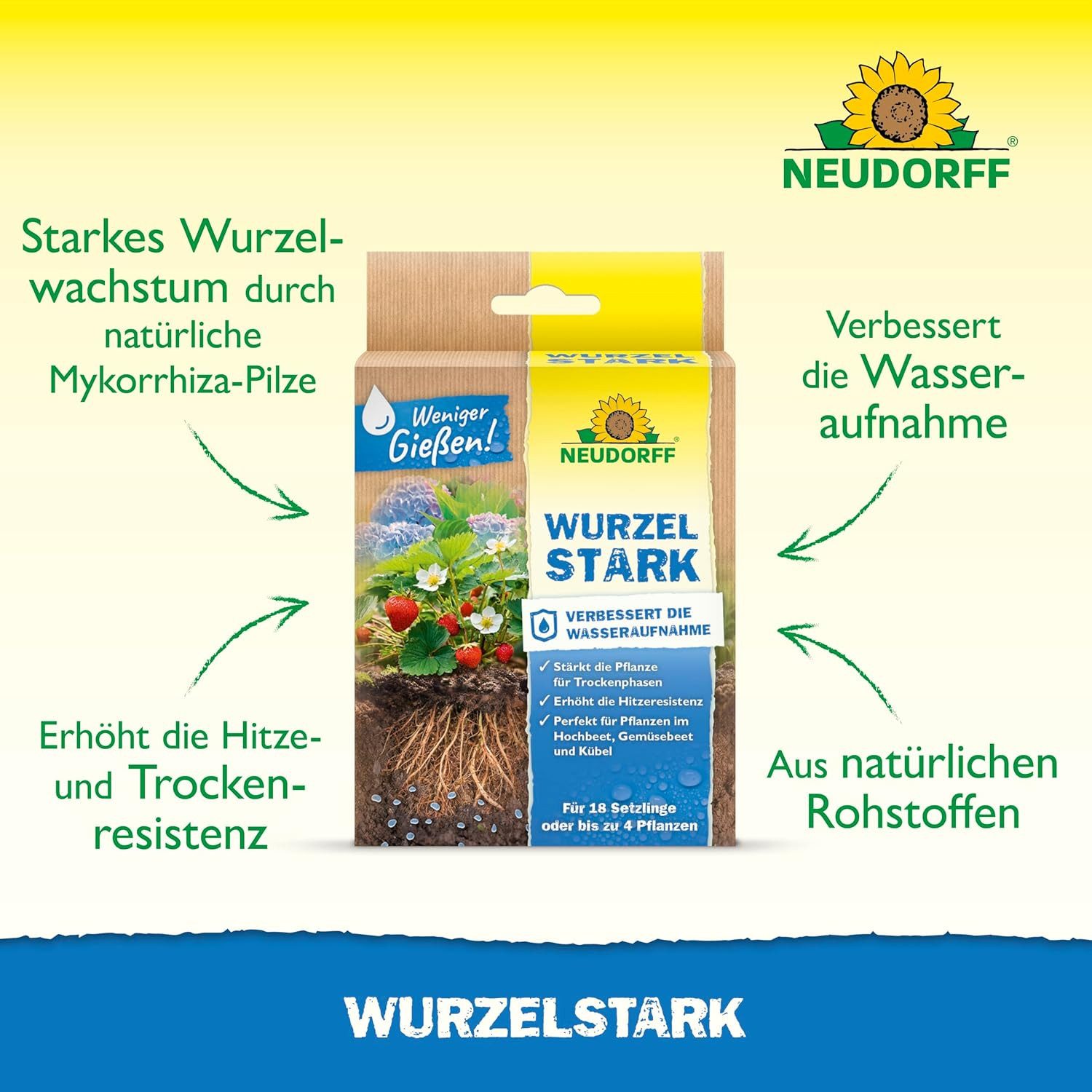 Neudorff Pflanzenstärkungsmittel Wurzelstark 36 g, Wurzelaktivator für schnelles Wurzelwachstum aller Pflanzen, Weniger Gießen, auch in Trockenperioden, Garantiert eine optimale Düngerausnutzung