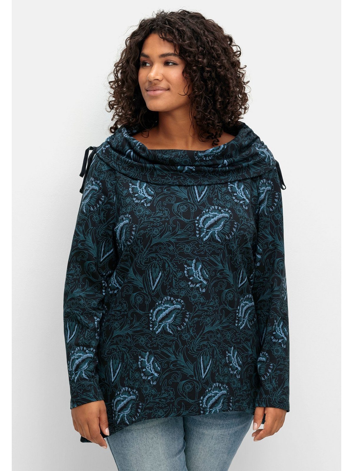 sheego by Joe Browns Sweatshirt Große Größen in Longform mit weitem Kragen schwarz bedruckt