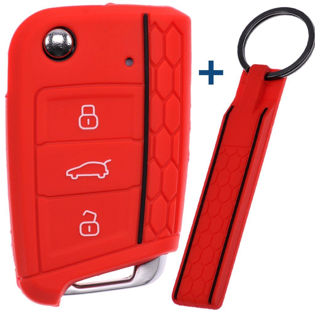 mt-key Schlüsseltasche Autoschlüssel Silikon Schutzhülle mit passendem Schlüsselband, für Golf 7 Polo 6C Seat Ateca Arona Leon Skoda Octavia Superb Kodiaq Rot