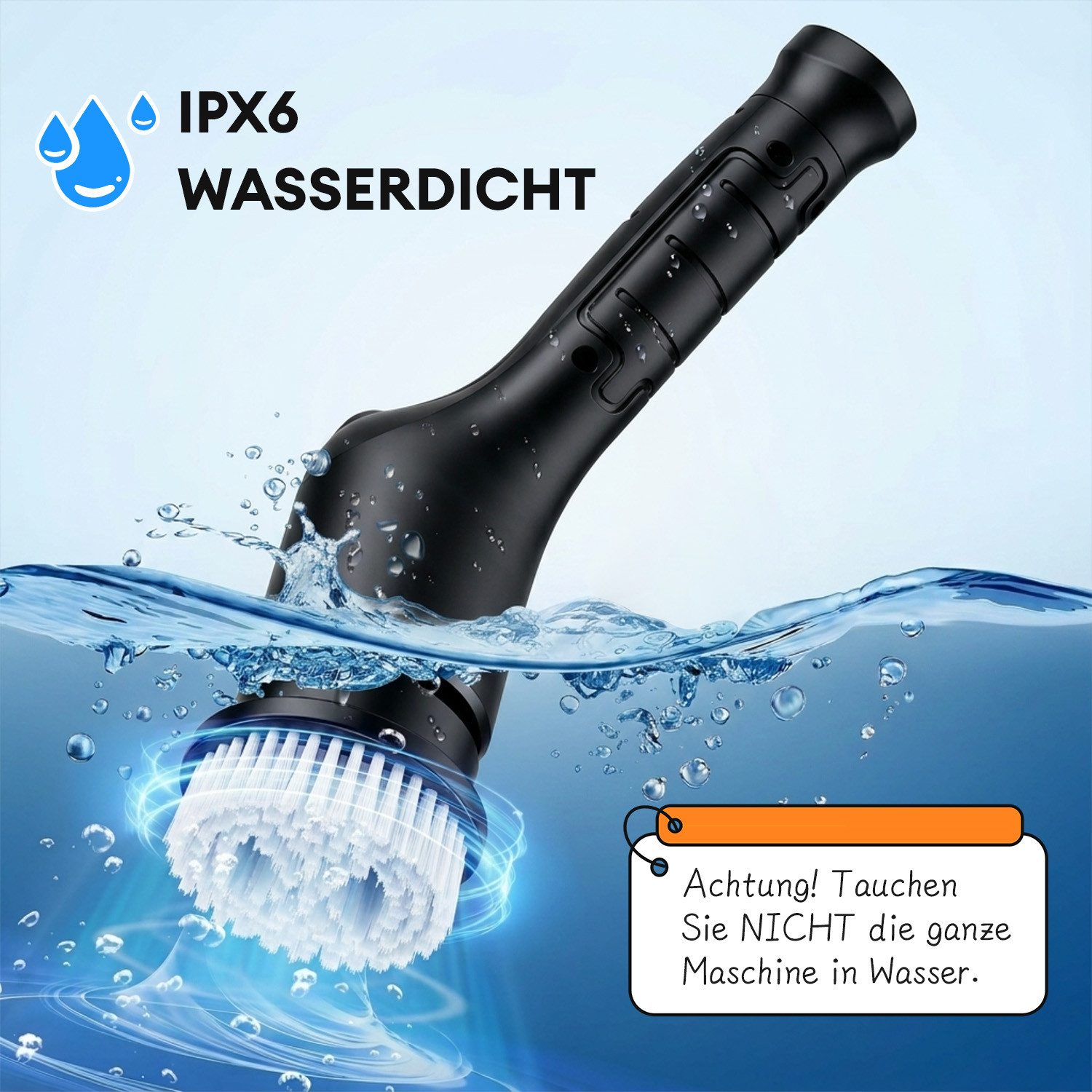 CkeyiN Akku-Oberflächenbürste Elektrische Reinigungsbürste mit 3 Geschwindigkeiten 6 Aufsätzen, 6 cm Bürstendurchmesser, max. 380 U/min, für Fliesen, Boden, Glas, Auto, mit LED-Anzeige, IPX6