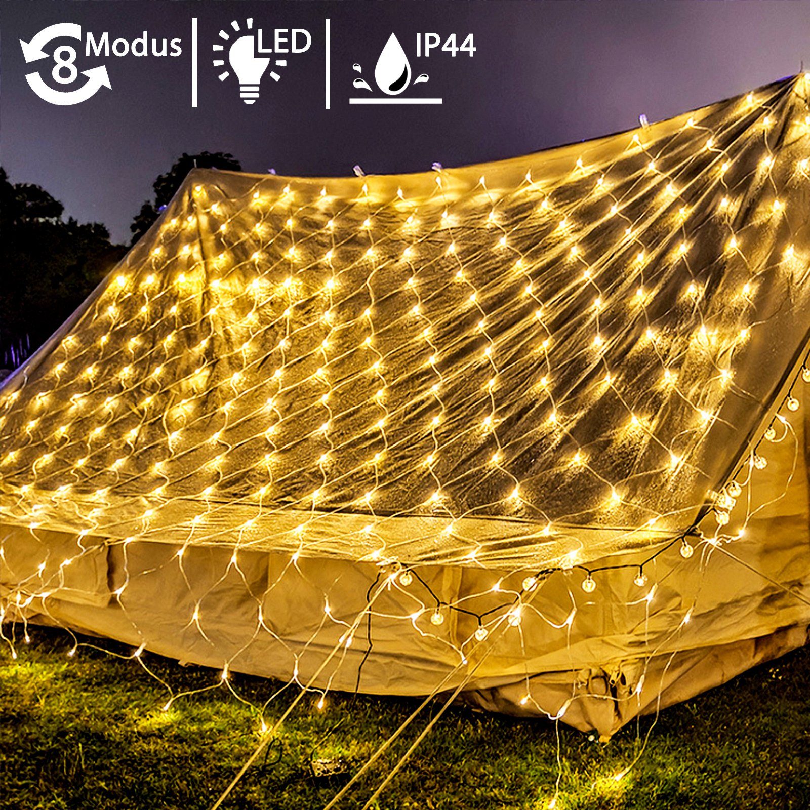 AUFUN LED-Lichternetz Solar für Gartendeko Balkon Hochzeit Weihnachten, Timer 8 Modi Fernbedienung Wasserdicht, Warmweiß, (3x2m / 6x2m / 6x4m)