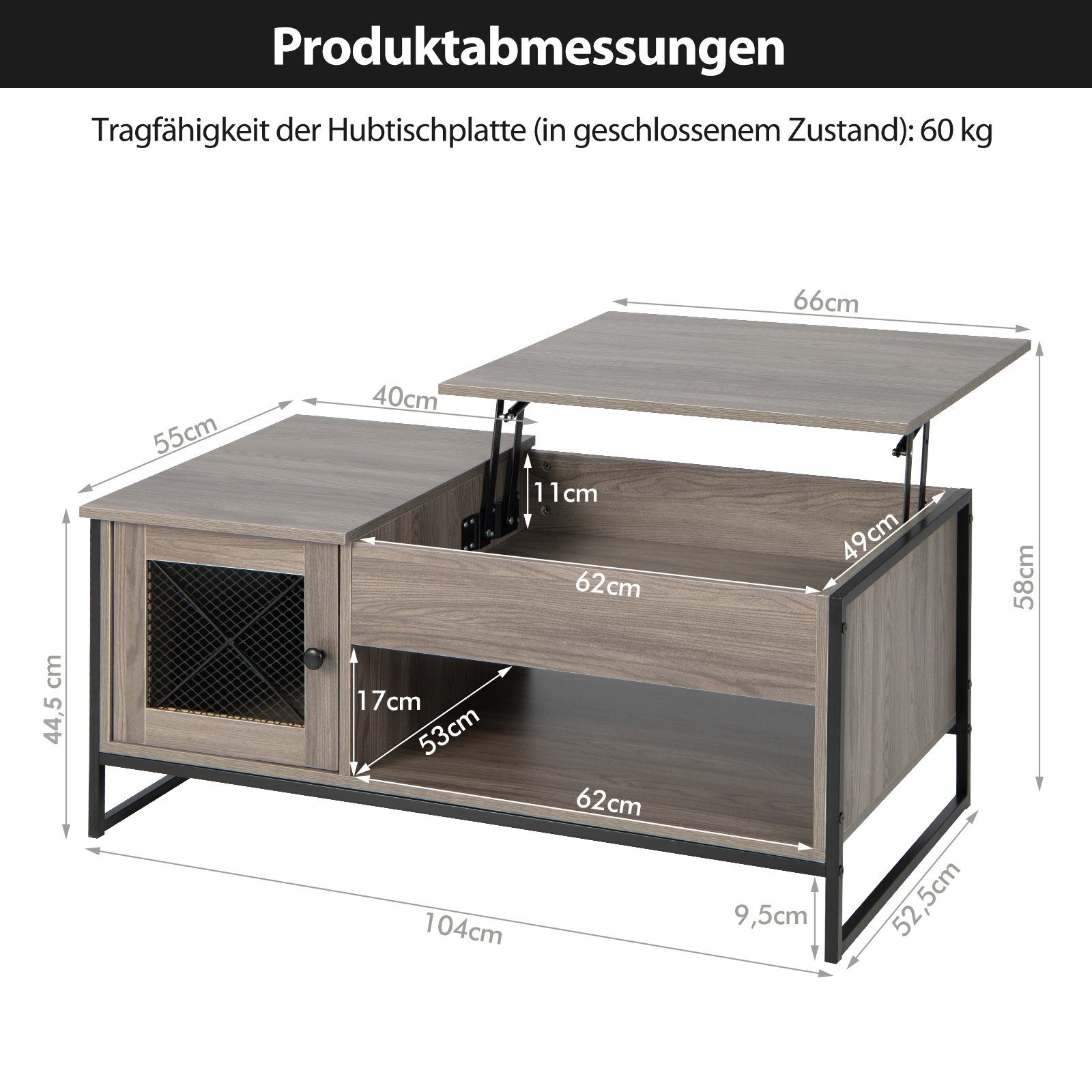 Fach Couchtisch, COSTWAY höhenverstellbar, Tür, cm x & 55 x 44,5 mit 104