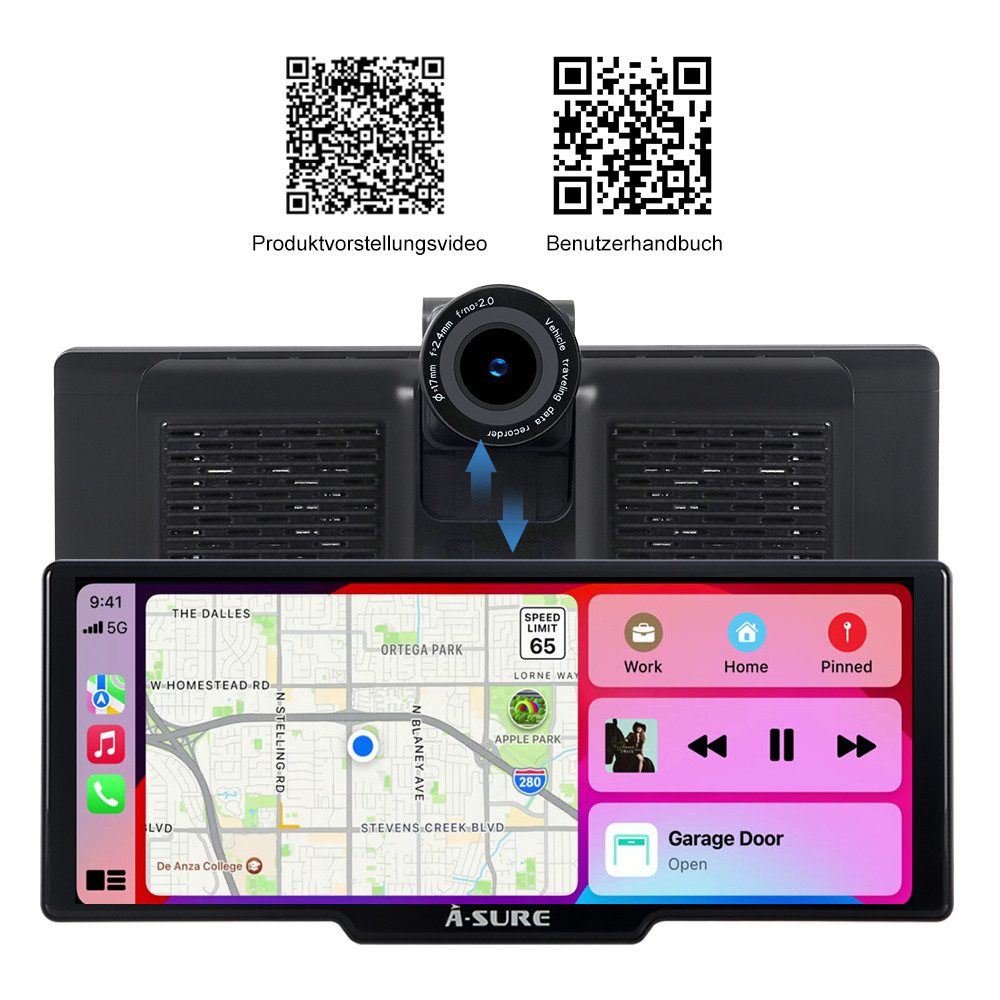 A-Sure 10.26" HD Auto Display Car Display Wireless Apple CarPlay Android Auto Navigationsgerät (4K-Frontkamera/10.26" IPS Bildschirm( 1600*600) /64GB Rom TF Card)
