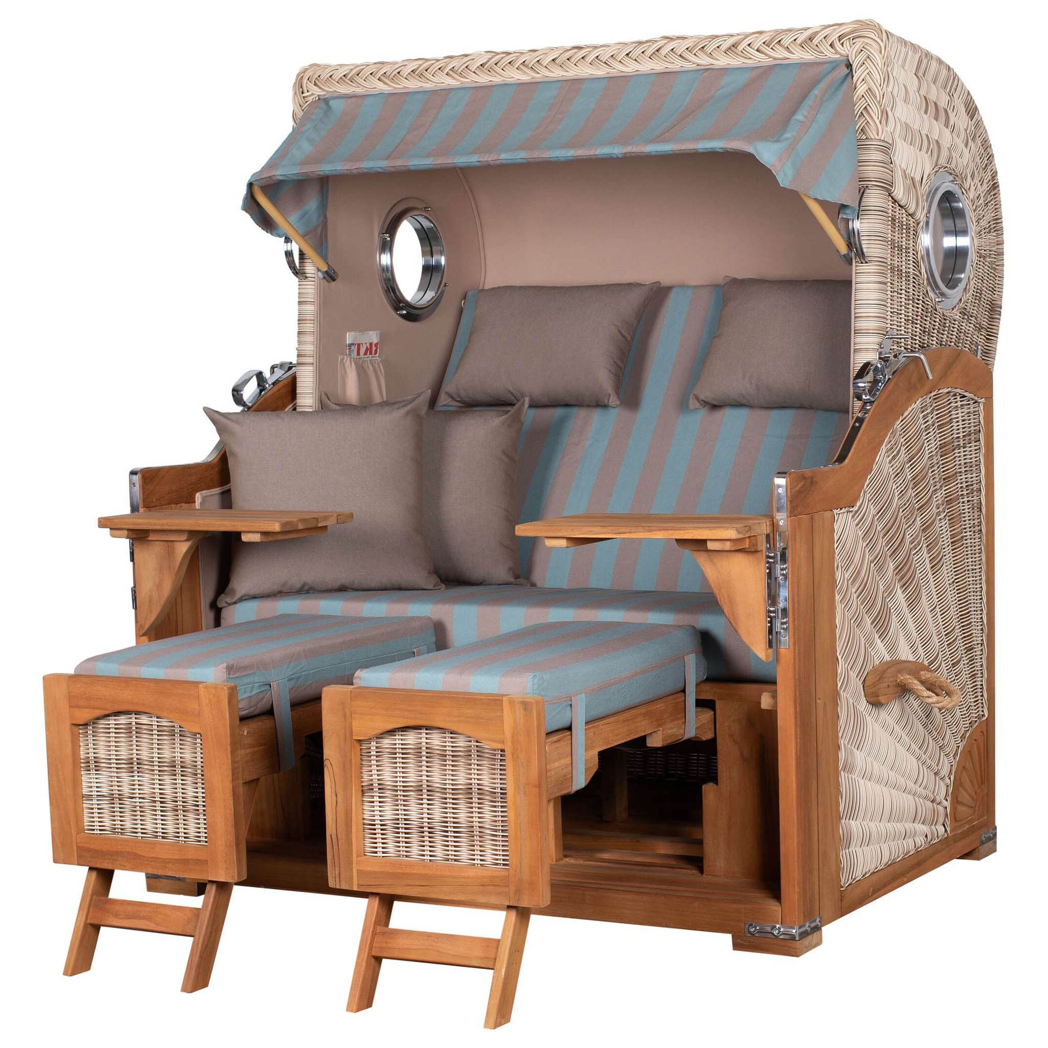 bene living Strandkorb Ammersee Grande XL 2,5-Sitzer Teak - PE shell - Modell 520, BxTxH: 142x95x165 cm, Volllieger, Ostsee-Strandkorb, (Strandkorb-Komplettset, 5-tlg., Strandkorb inkl. Liftersystem und umfangreichem Zubehör), mit Windschutzfolie, Bistrotischen und bequemer Polsterung