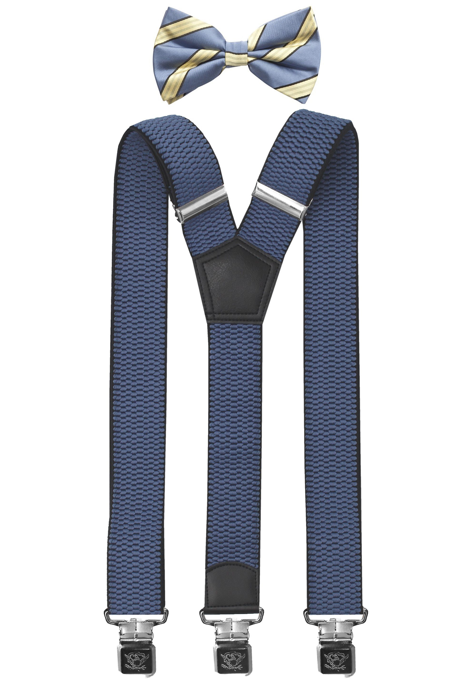 Fabio Farini Подтяжки mit passender Fliege als Set 4cm Y-Form für Herren Pack Blauen 4cm Подтяжки - Blau/Gelb Gestreiften Fliege