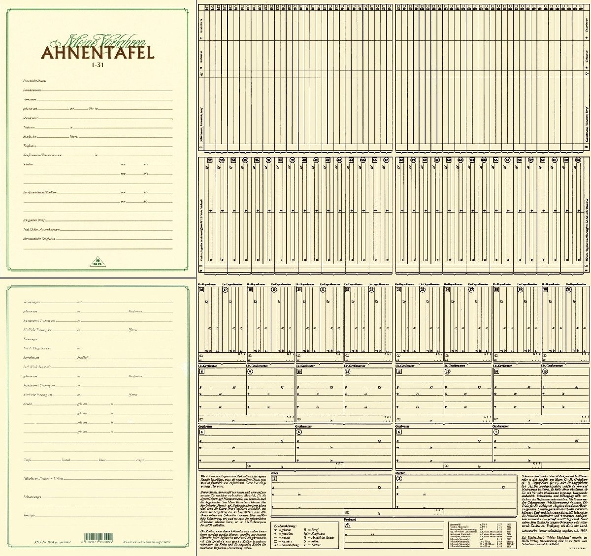 Formularblock Ahnentafel 1-127 für 7 Generationen auf Urkundenpapier A2 gefalzt auf
