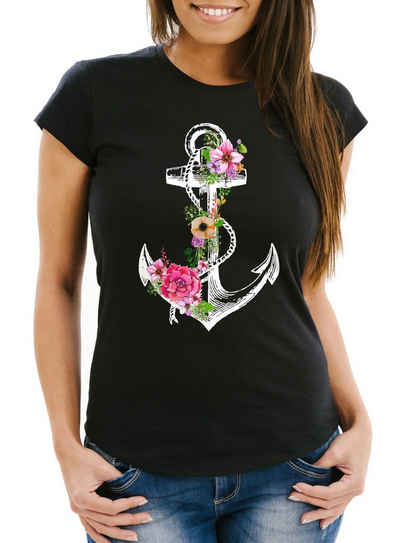 Neverless Print-Shirt Damen T-Shirt Blumen Anker Flower Anchor Watercolor Slim Fit Neverless® mit Print