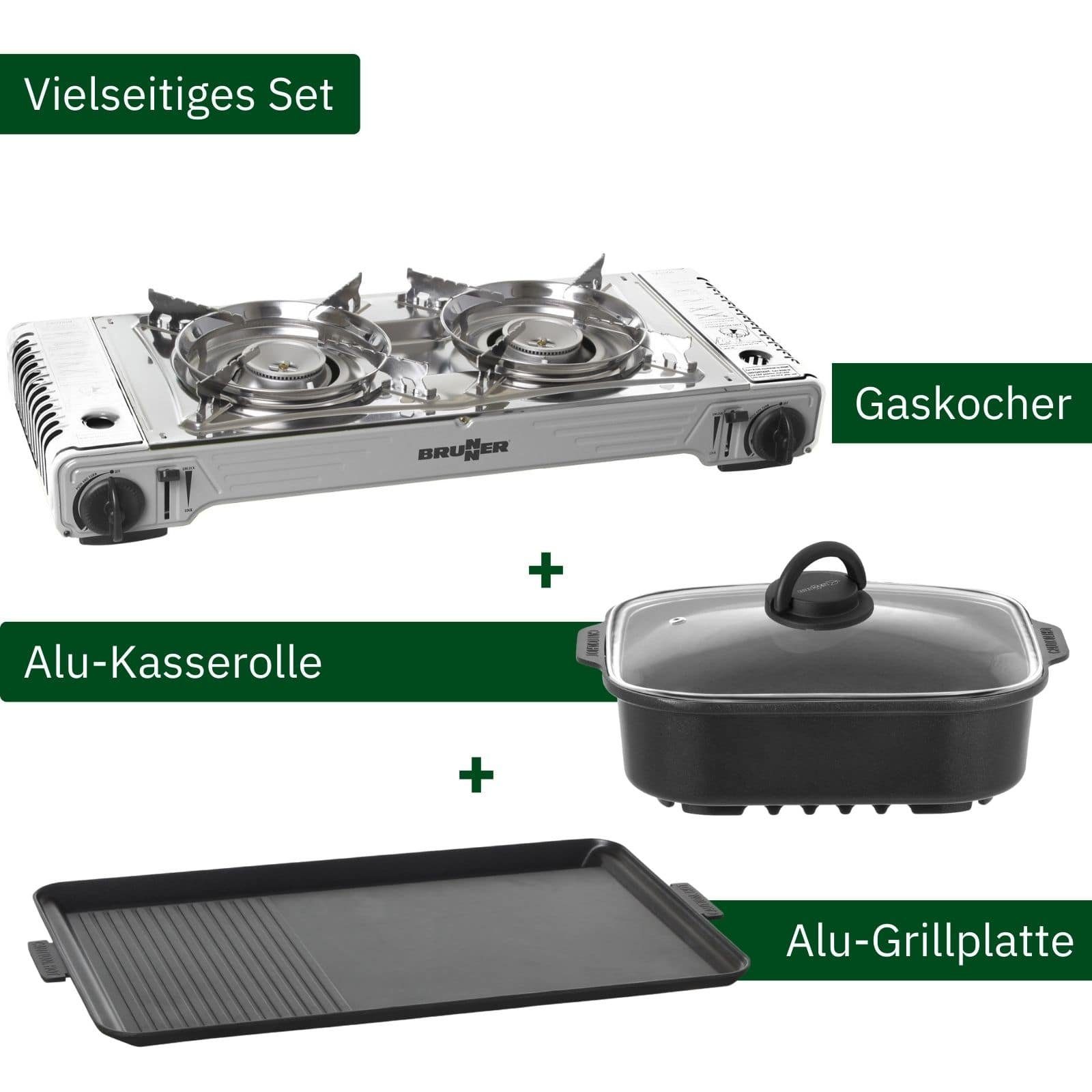 BRUNNER Gaskocher BRUNNER DEVIL DOUBLE GRILL Campingkocher Set Zweiflammig, Vielseitig, (Gaskocher + Alu-Kasserolle)