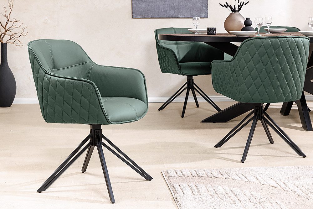 riess-ambiente Polsterstuhl EUPHORIA grün/schwarz – Echtleder, drehbar, Metall-Füße, mit Armlehne (Einzelartikel, 1 St), mit 180° Drehfunktion und Autoreturn – ideal für elegante Esszimmer