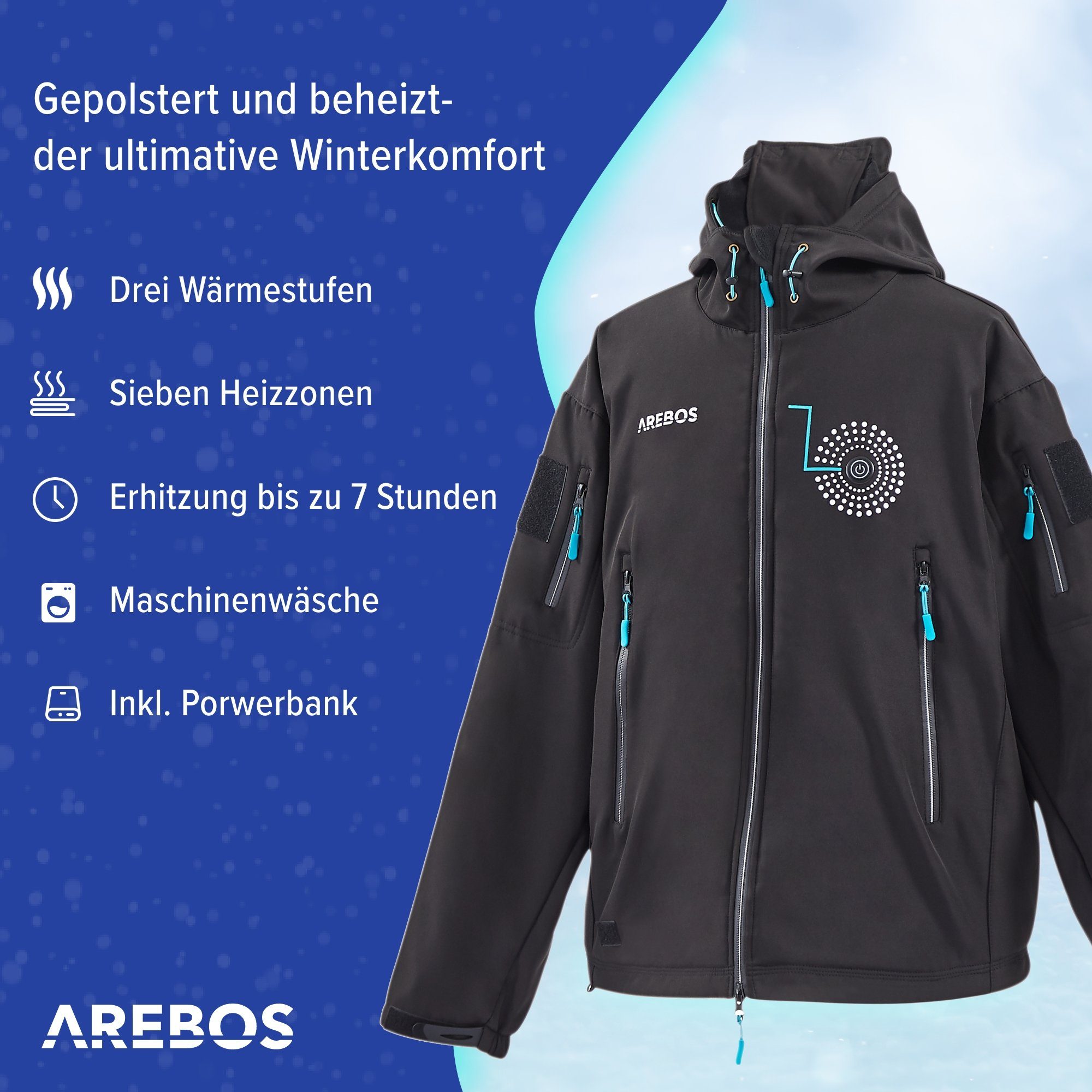 Arebos Outdoorjacke Akku Winterjacke Sportjacke Outdoor Jacke beheizbar Thermojacke Unisex (Stück, M)