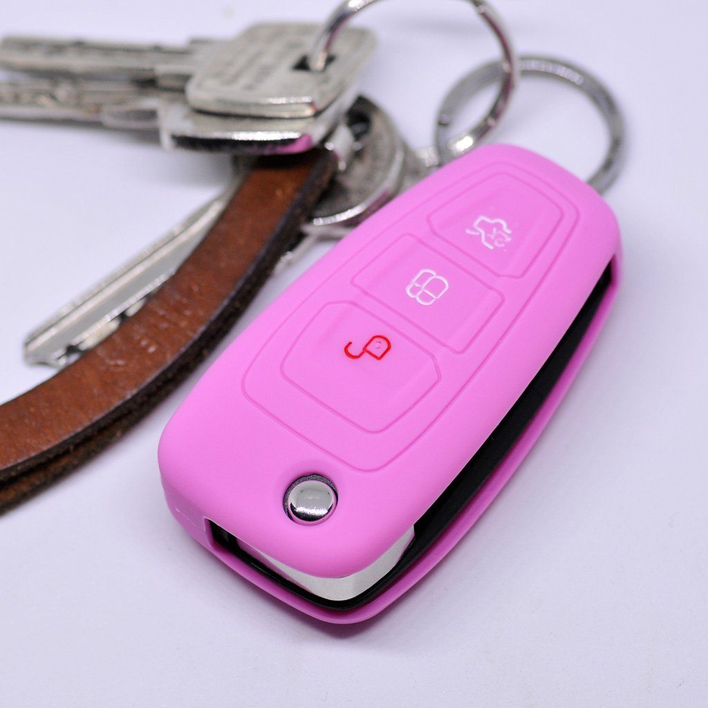 mt-key Schlüsseltasche Autoschlüssel Softcase Silikon Schutzhülle Rosa, für Ford Mondeo Focus S-Max Fiesta Transit 3 Tasten Klappschlüssel