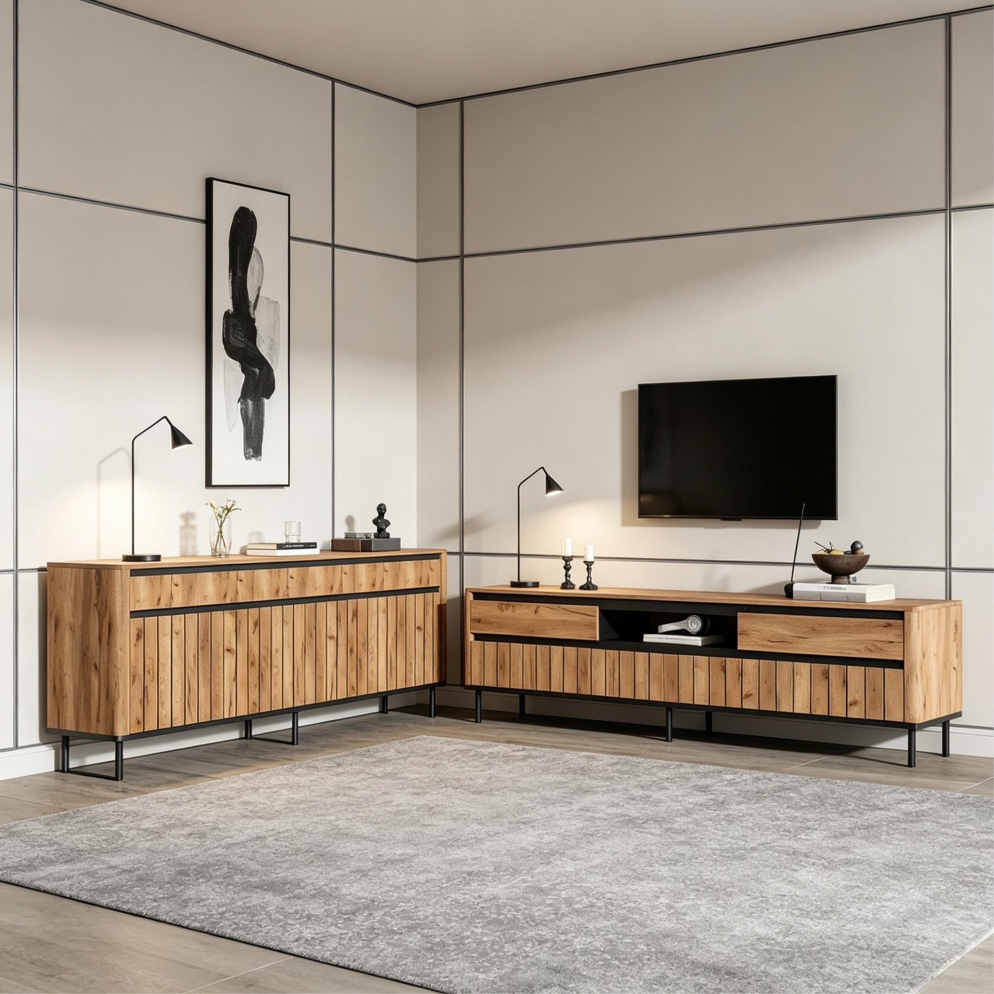 REDOM Wohnzimmer-Set Design-Möbel-Set – Lamellenfront, Natur & Schwarz, (2-St., 