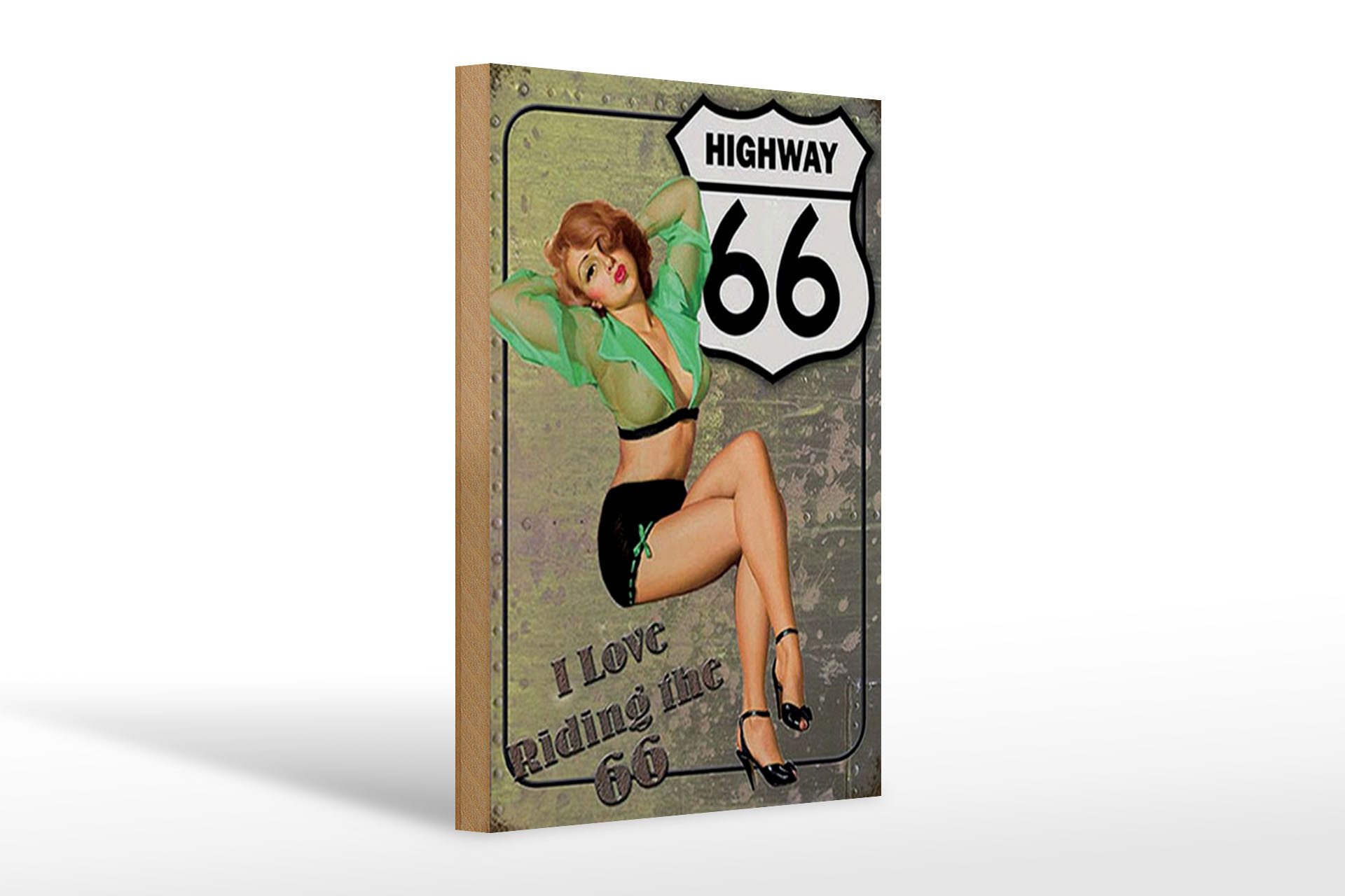 Holzbild Pin Up 20x30cm Highway 66 i love riding the 66