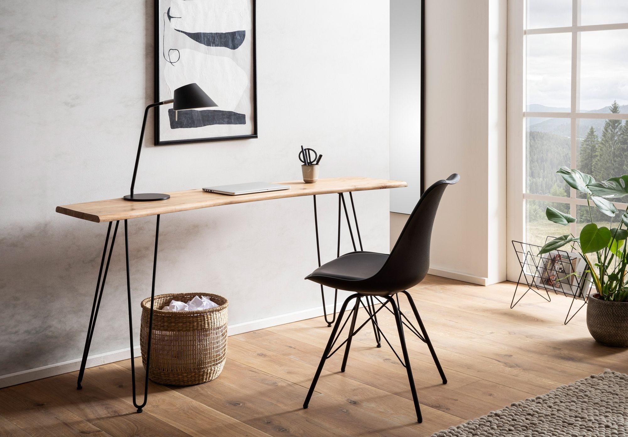 Wohnling Schreibtisch WL7.162 150 cm Akazie Massivholz Bürotisch Computertisch Baumkant (150x36x75 cm Akazie Massivholz, Baumkante Modern), Computertisch Home Office Bürotisch Haarnadelbeine