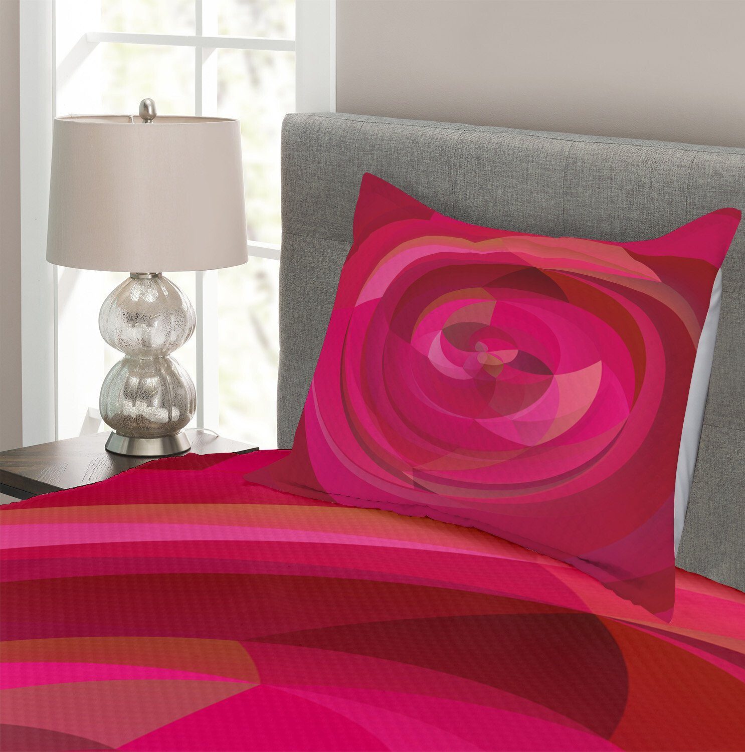 Tagesdecke Set Pink wirbelt Zusammenfassung Abakuhaus, mit Hot Kissenbezügen Waschbar, Shapes