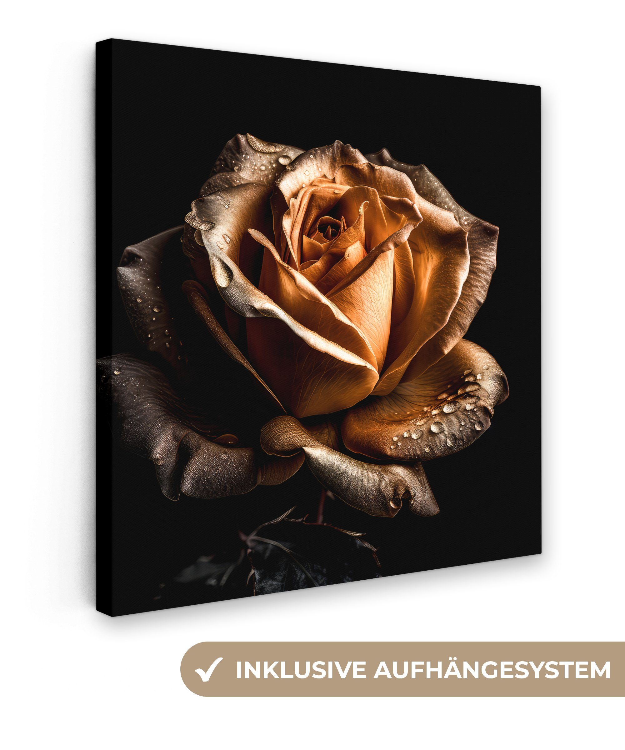OneMillionCanvasses® Leinwandbild Rose - Gold - Blumen - Botanisch Schwarz, (1 St), Leinwand Bilder für Wohnzimmer Schlafzimmer, 20x20 cm