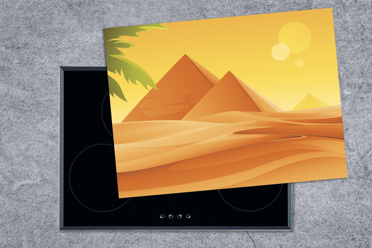 Arbeitsfläche nutzbar, MuchoWow Mobile einer Vinyl, 70x52 Pyramiden in Illustration und Ägypten, von Ceranfeldabdeckung Palmbohne (1 Herdblende-/Abdeckplatte cm, tlg),